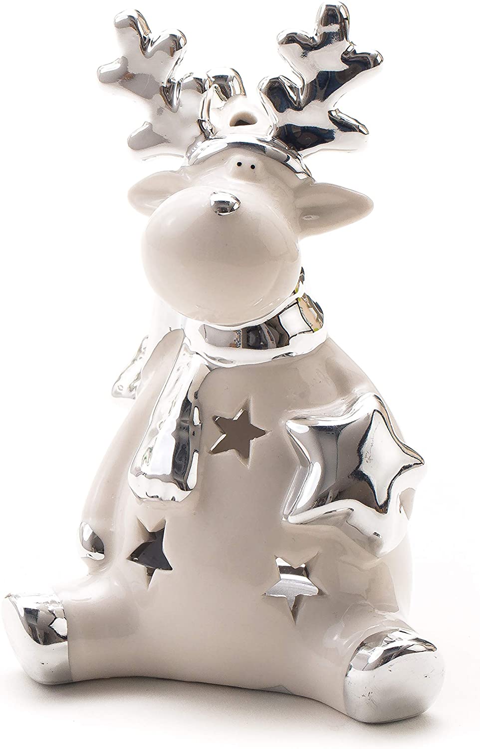 DARO DEKO Daro Decorative Ceramic Reindeer Tea Light Holder Silver White 11 x 15.5 cm - Single or Set of 2