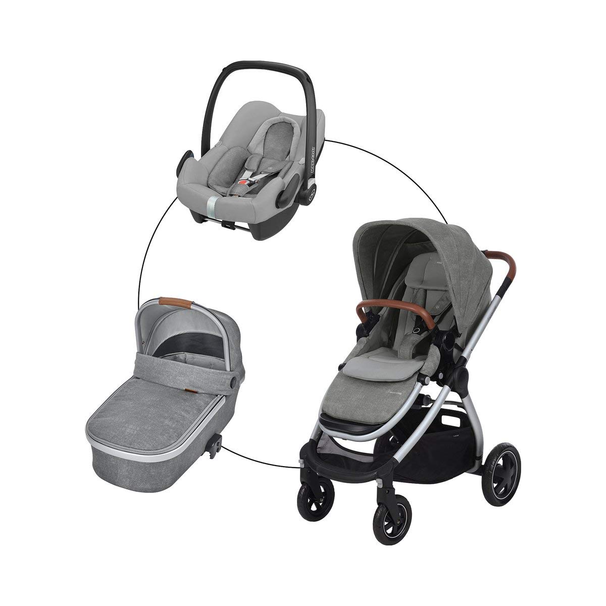 Maxi-Cosi Adorra Combi Pushchair (Trio Set) Pushchair with Sports Seat, Oria Pram Attachment & Rock Baby Seat for Babies & Toddlers up to 3.5 Years