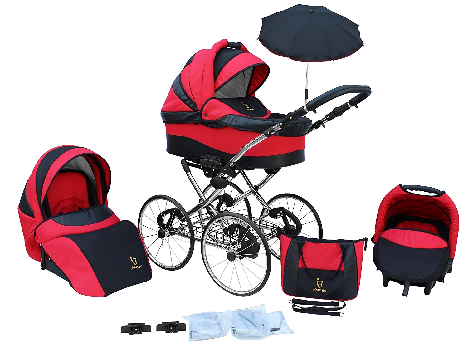 SKYLINE Classic Retro Style Combination Pram Buggy 3-in-1 Travel System Car Seat (Isofix) (Red / 17 Inch Hard Rubber Tyres)