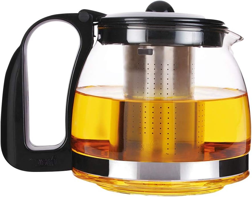 Glass Teapot with Strainer Insert Removable Stainless Steel Filter Strainer Tea Strainer Heat Resistant Glass Jug with Plastic Lid and Handle