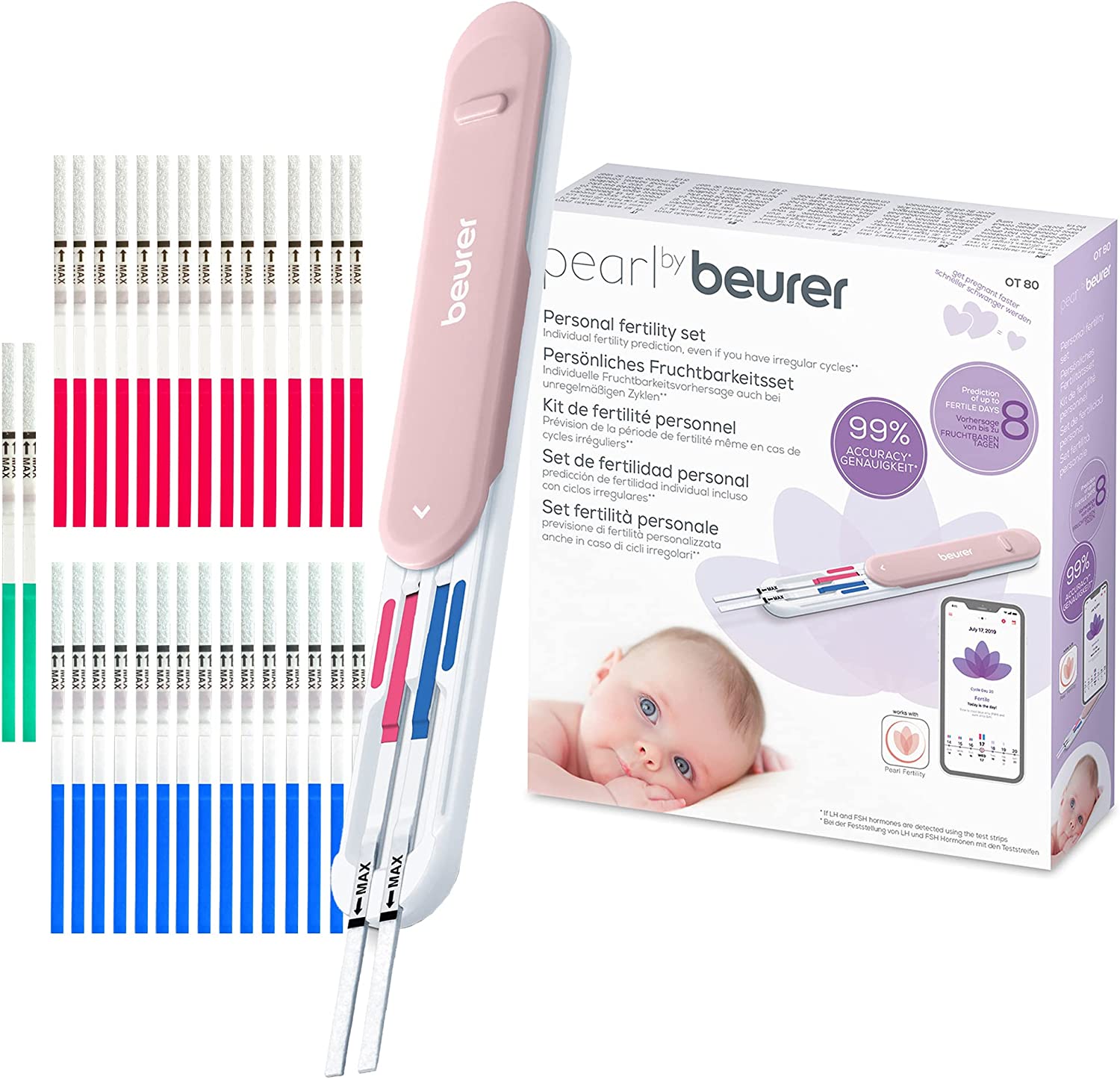Pearl by Beurer OT 80 Ovulation Test for Women in Child Desire, Prediction of up to 8 Fertile Days, 30 Test Strips, 2 Pregnancy Tests, Measures LH & FSH