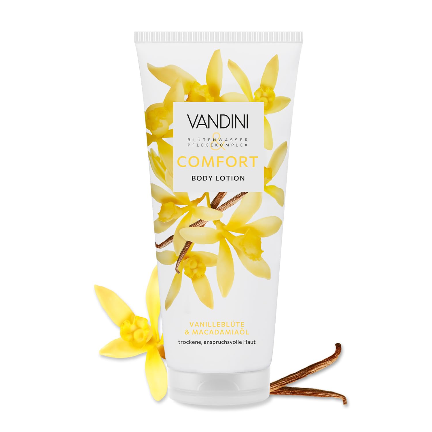 VANDINI Comfort Women\'s Body Lotion 200 ml with Vanilla Blossom and Macadamia Oil - Body Lotion for Dry, Demanding Skin - Vegan, Parabens & Silicones, Made in Germany