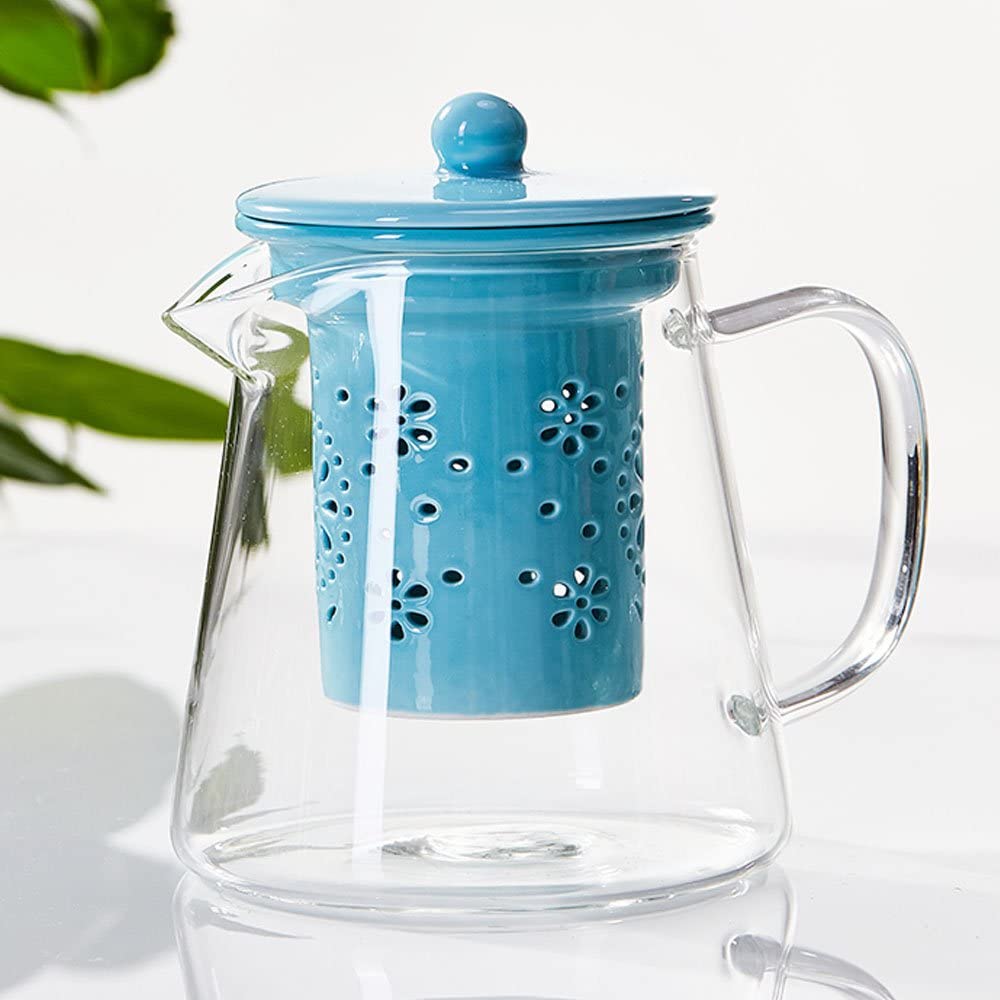 TAMUME 500 ml glass teapot with porcelain teapot strainer (blue)