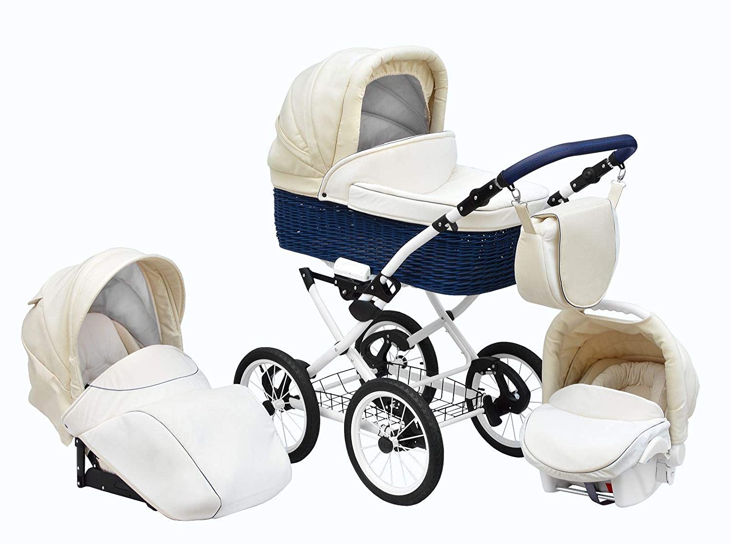 Lux4Kids Retro Pushchair Nature One Pneumatic Tyres Wicker Wicker Basket Ocean Cream 03 3-in-1 with Baby Seat