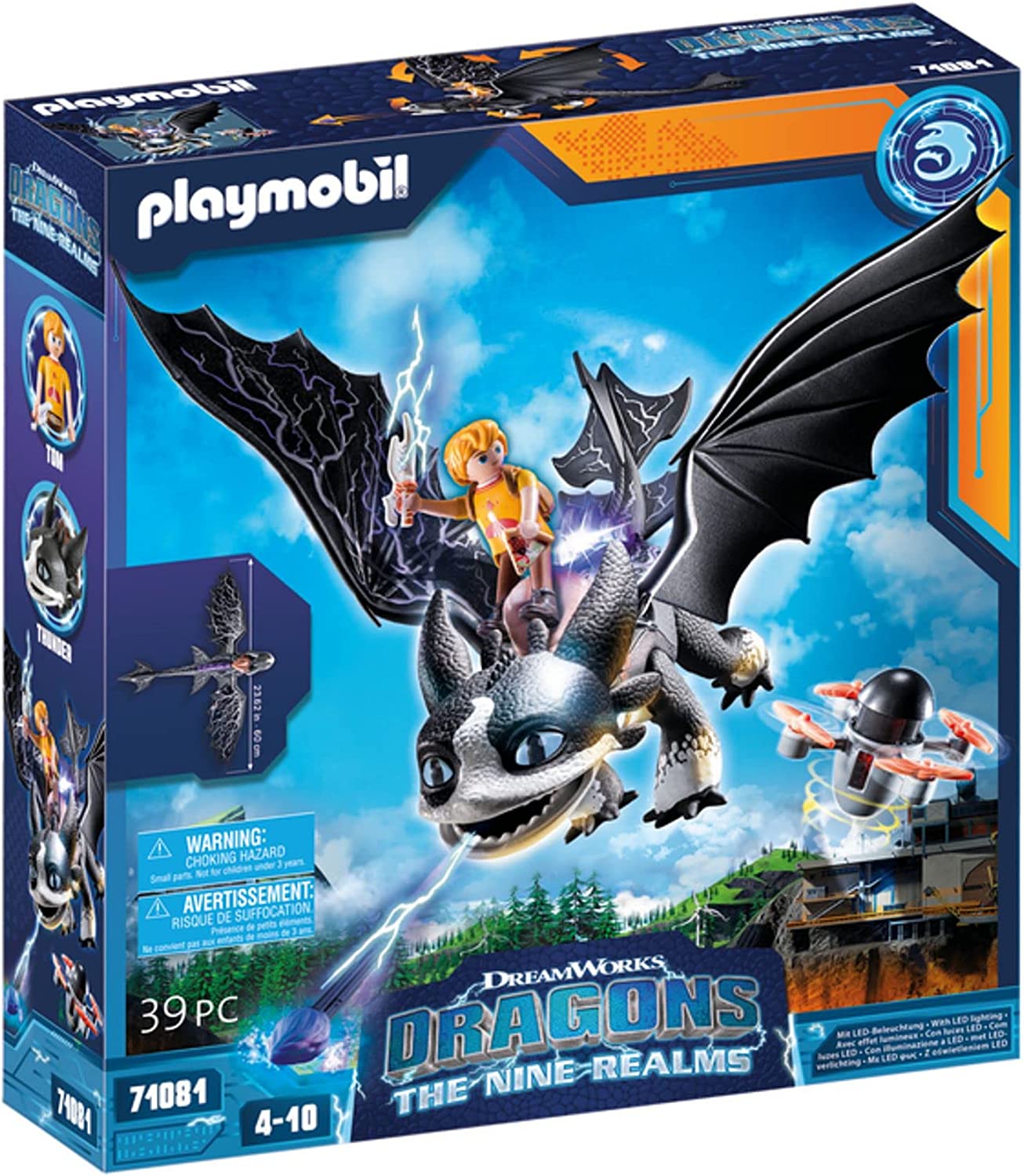 PLAYMOBIL DreamWorks Dragons 71081 Dragons: The Nine Realms - Thunder & Tom, Dragons Figure and Toy Dragon with Shooting Function and Light Module, Toy for Children from 4 Years