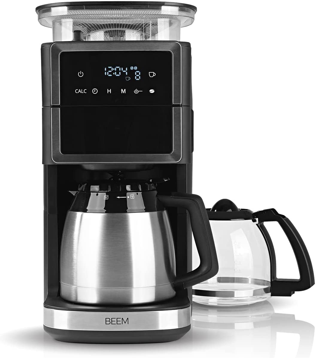 BEEM FRESH-AROMA-PERFECT III Filter Coffee Machine with Grinder, Duo, Stainless Steel, with Insulated Jug & Glass Jug, Cone Grinder & Aroma Plus Function, 24-Hour Timer, 1000 W, for up to 10 Cups Each