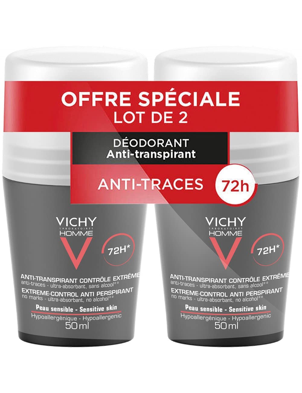 Vichy Homme Anti-Perspirant Deodorant Roll-On 72h Pack of 2 x 50 ml