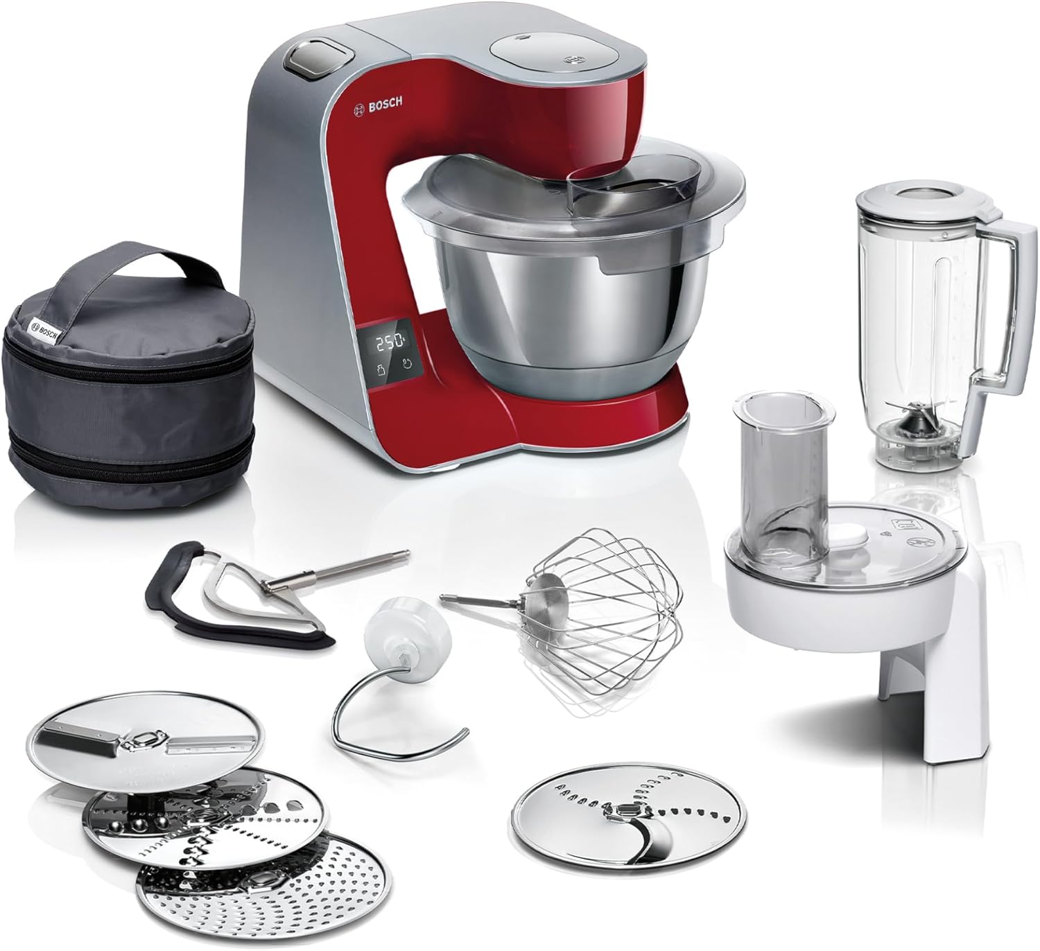 Bosch Food Processor Series 4 MUM5X720, Integrated Scale, Stainless Steel Bowl 3.9 L, Mixer 1.25 L, Professional Dough Hook, Planetary Mixer, Whisk, Continuous Shredder, 1000 W, Dark Red/Silver