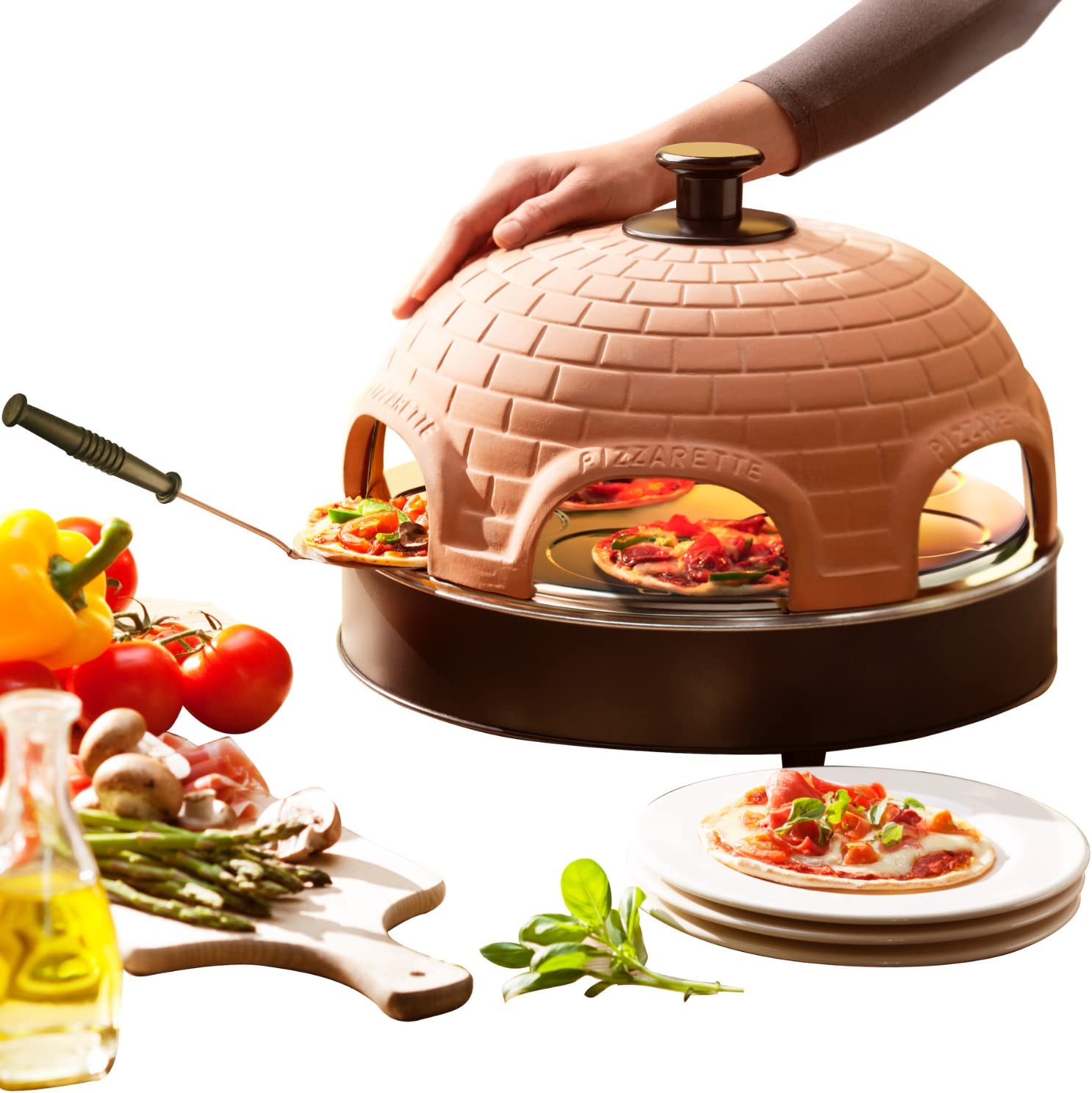 Emerio PO-115984.8 Pizza Oven The Original Handmade Terracotta Clay Hood with Heat Reflector Shield Patented Design for Mini Pizza Family Fun for 6 People Funcooking Star No. 1