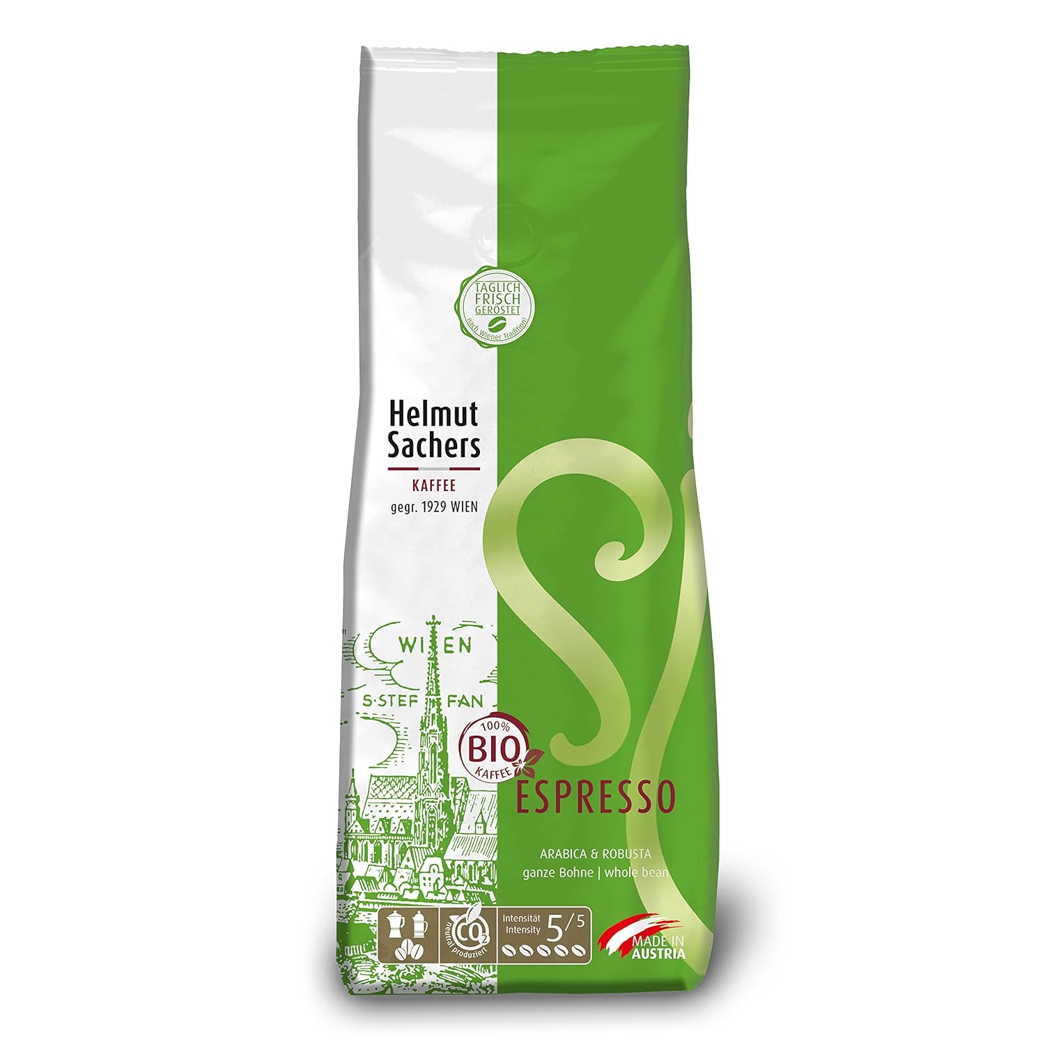 Helmut Sachers Coffee - Organic Espresso, Intensity 5/5, Arabica and Robusta, Whole Coffee Beans, 500 g