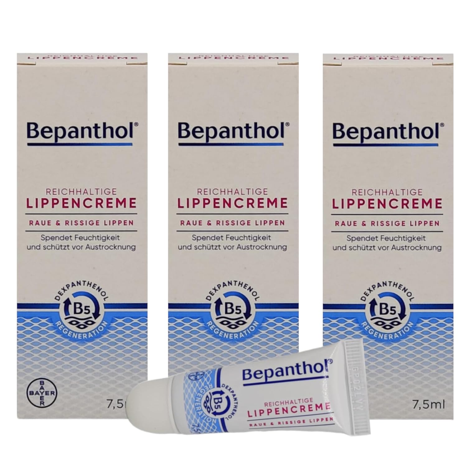 Bepanthol Rich Lip Cream 3 x 7.5 ML I for Rough, Cracked, Brittle, Dry Lips I for Regeneration of Lip Skin I Dexpanthenol I Economy Set Plus Pharma Perle Giveaway (3 x 7.5 ml)