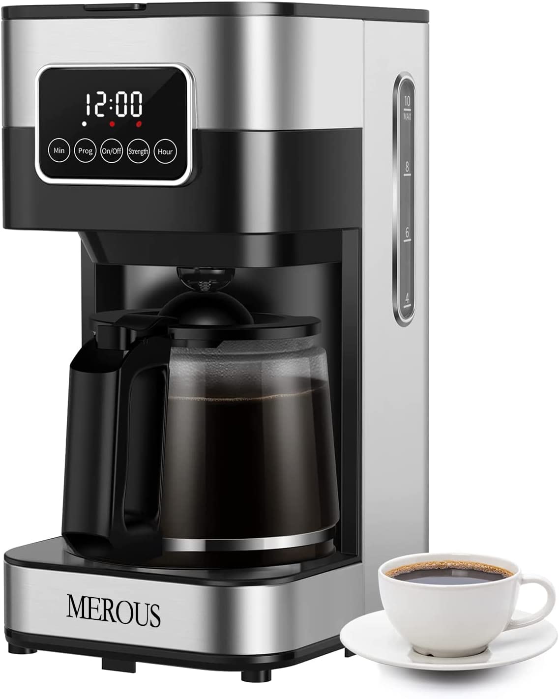 MEROUS Filter Coffee Machine, Programmable Coffee Maker with Carafe, LED Touch Screen, 1.25 L, up to 12 Cups, Stainless Steel, Silver