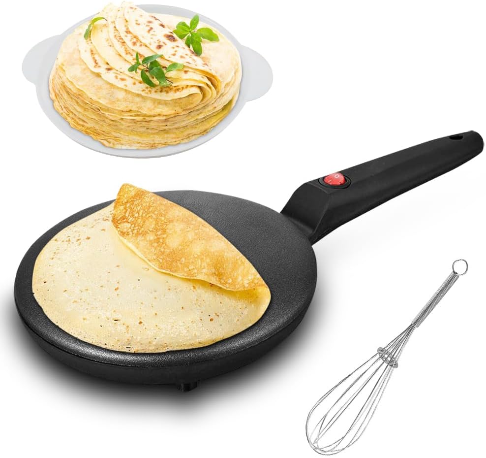 Gohytal Crepes Maker Electric Non-Stick Pancake Maker, 600 W Electric Portable Crepe Machine for Home Use with Whisk and Bowl, Mini Pancake Pot Cake Waffle Iron