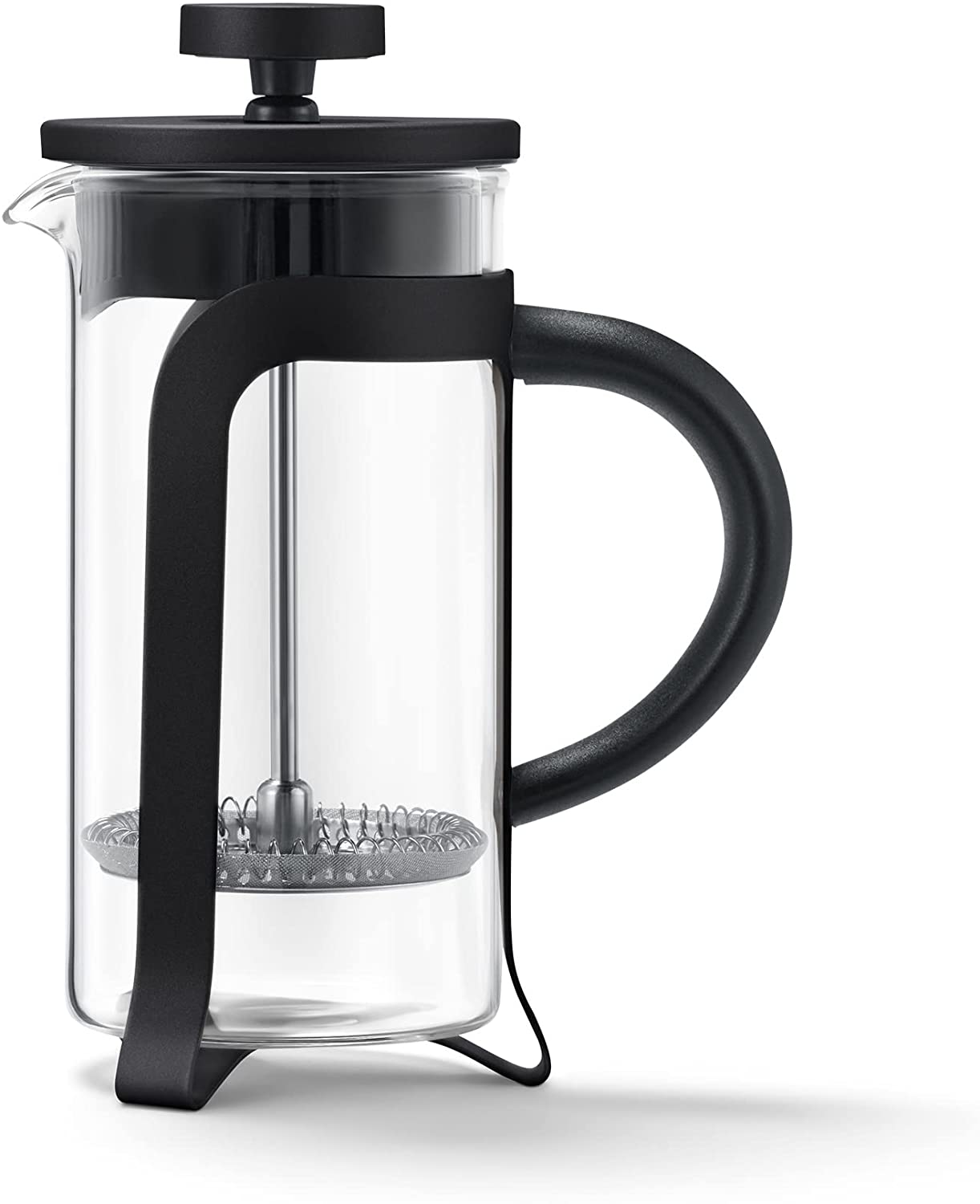 Tchibo Strainer Stamp Jug for Manual Coffee Preparation, French Press with Heat Heat resistant Borosilicate Glass, Dishwasher Safe, 300 ml capacity for Approx. 2 cups, Stainless Steel, Black