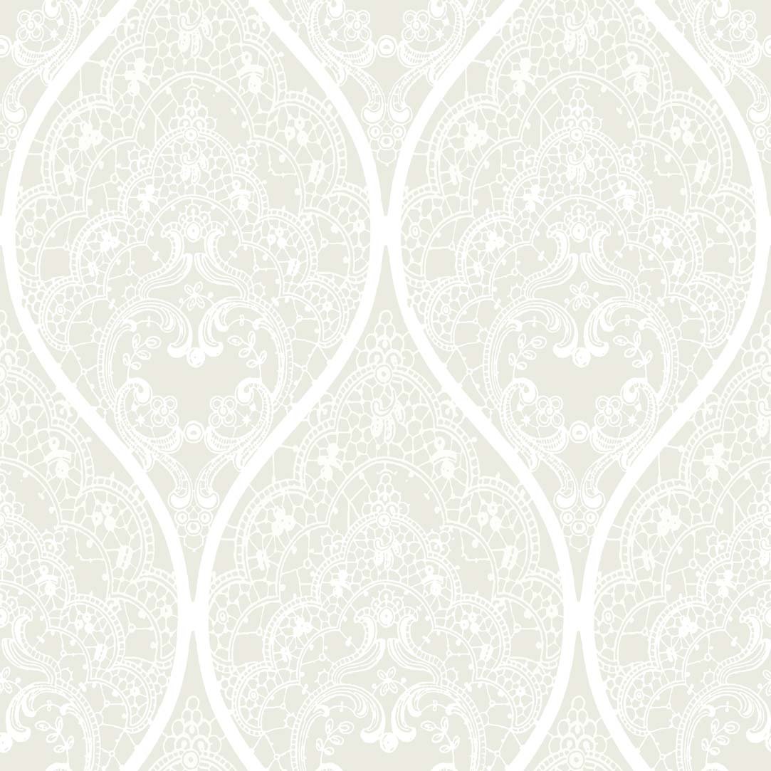 Ornament 5966 Non-Woven Wallpaper Oriental Damask White On Metallic Platinu