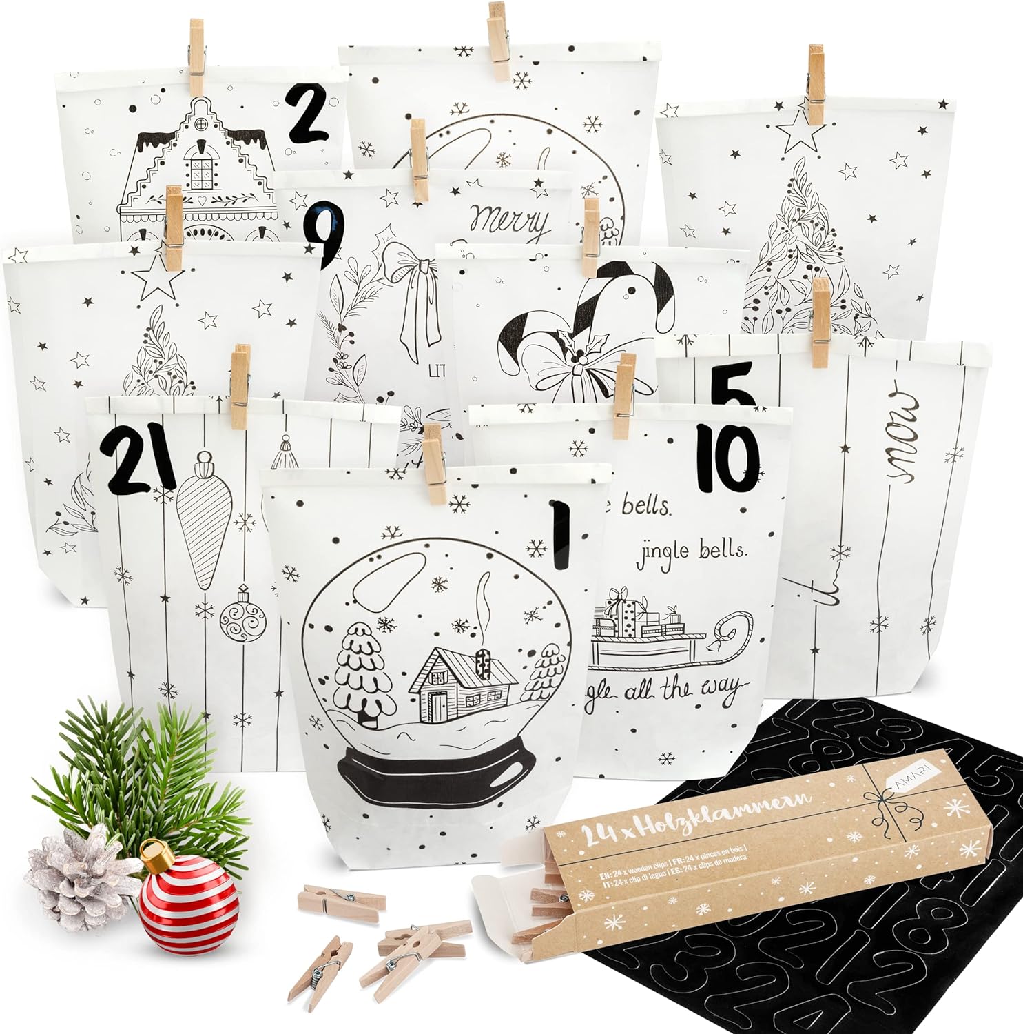 AMARI ® Advent Calendar for Filling Standard White - 24 Paper Advent Bags (with Wooden Clips) for Crafts for Christmas - Paper Christmas Bags with Number Stickers