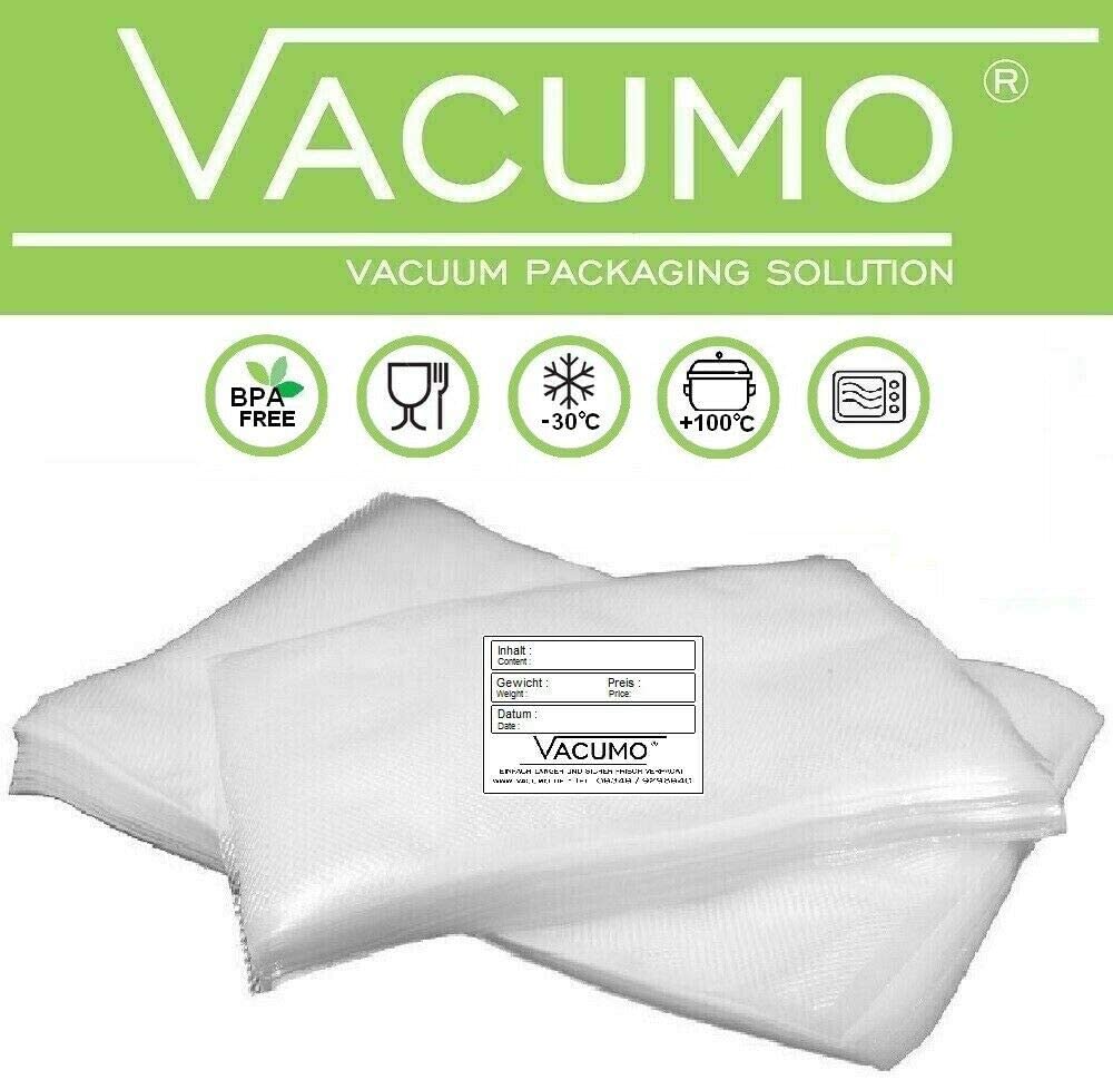 100 VACUMO Vacuum Bags 15 x 45 cm for All Vacuum Sealers + 100 Labelling Labels