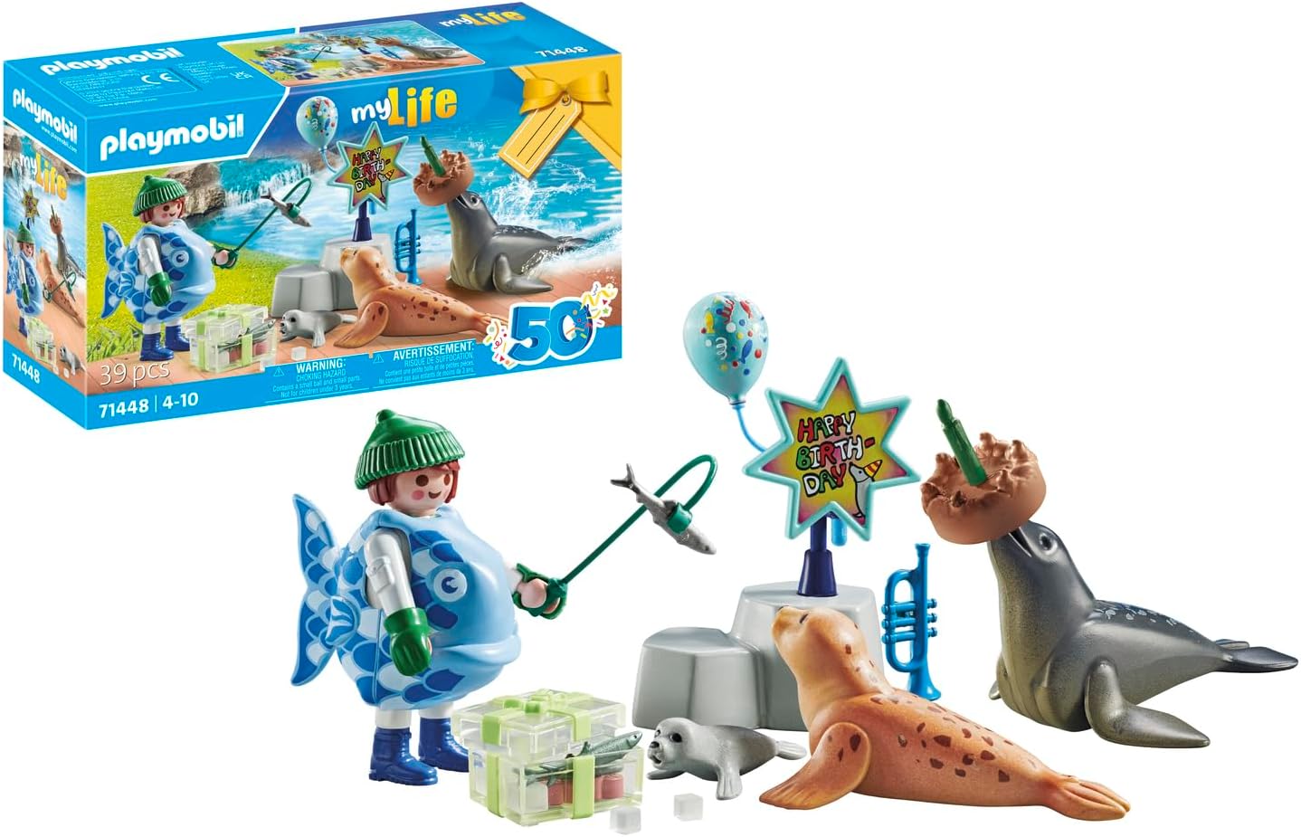PLAYMOBIL myLife 71448 Animal Feeding, Animal Birthday Party with Two Seals and a Baby Seal, Includes Animal Keeper in Fish Costume, Sustainable Toy for Children from 4 Years