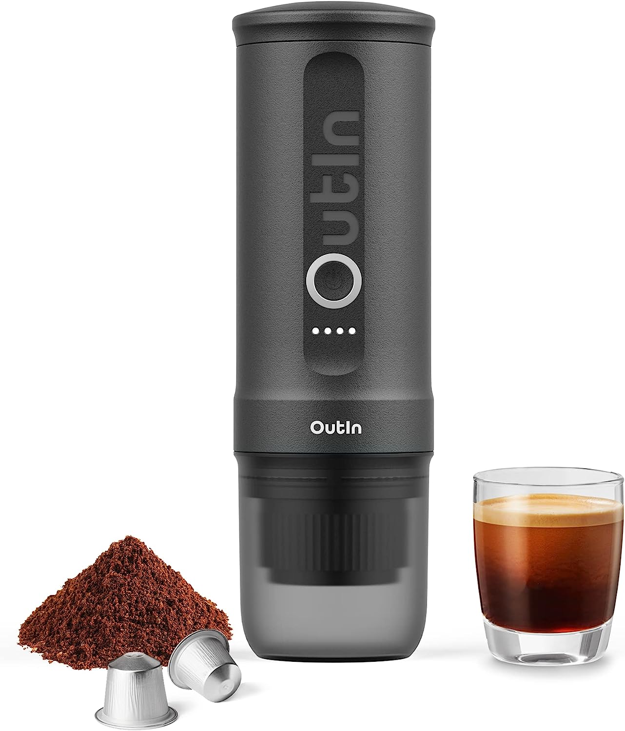 Outin nano Portable Electric Espresso Machine with 3-4 Minutes Self Heating, 20 bar mini 12V 24V car coffee machine, compatible with ns original capsule & ground coffee for travel, camping