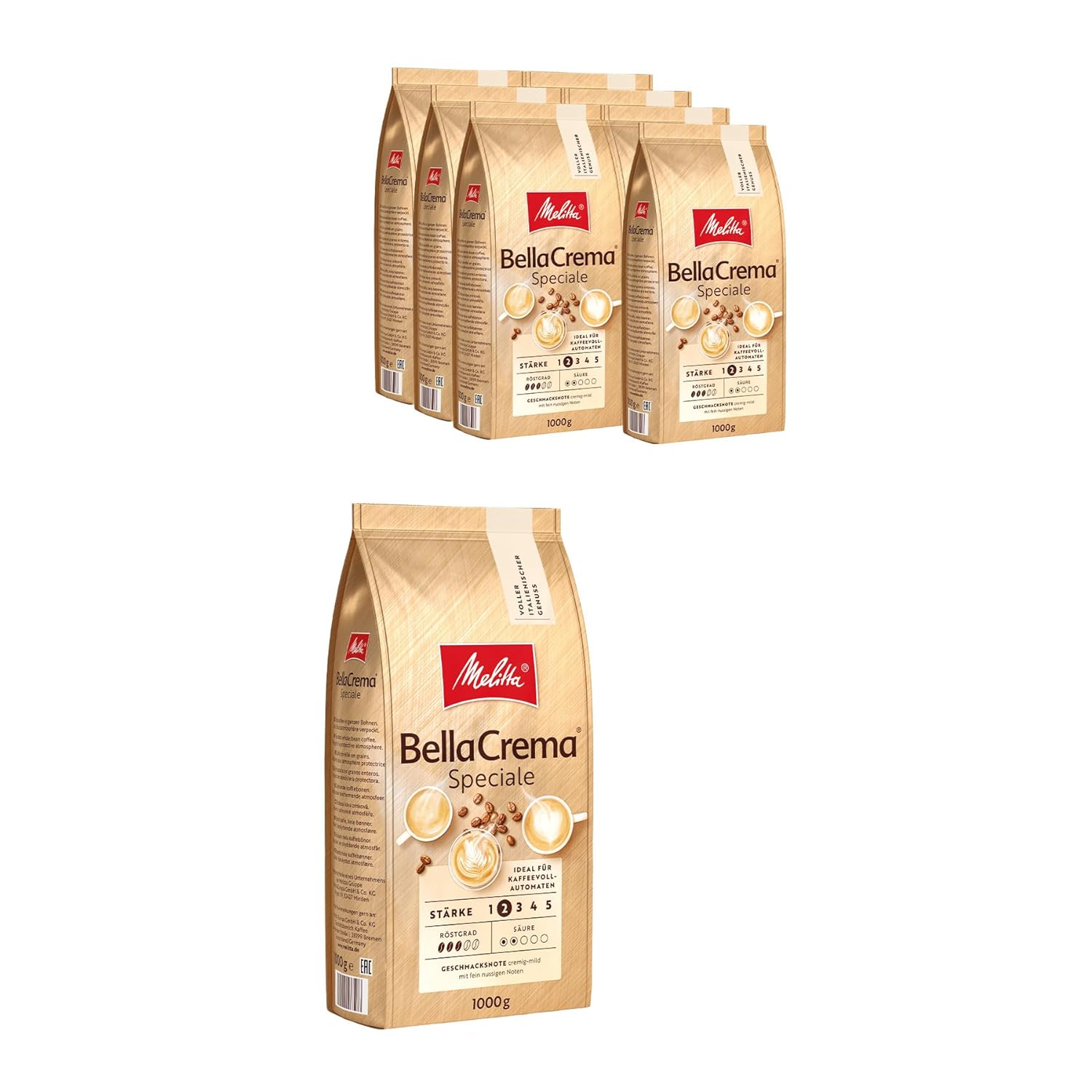 Melitta Bellacrema Speciale entire coffee beans 8 x 1kg, uncomfortable, coffee beans for fully automatic coffee, medium roasting, roasted in Germany, strength 2, in the tray