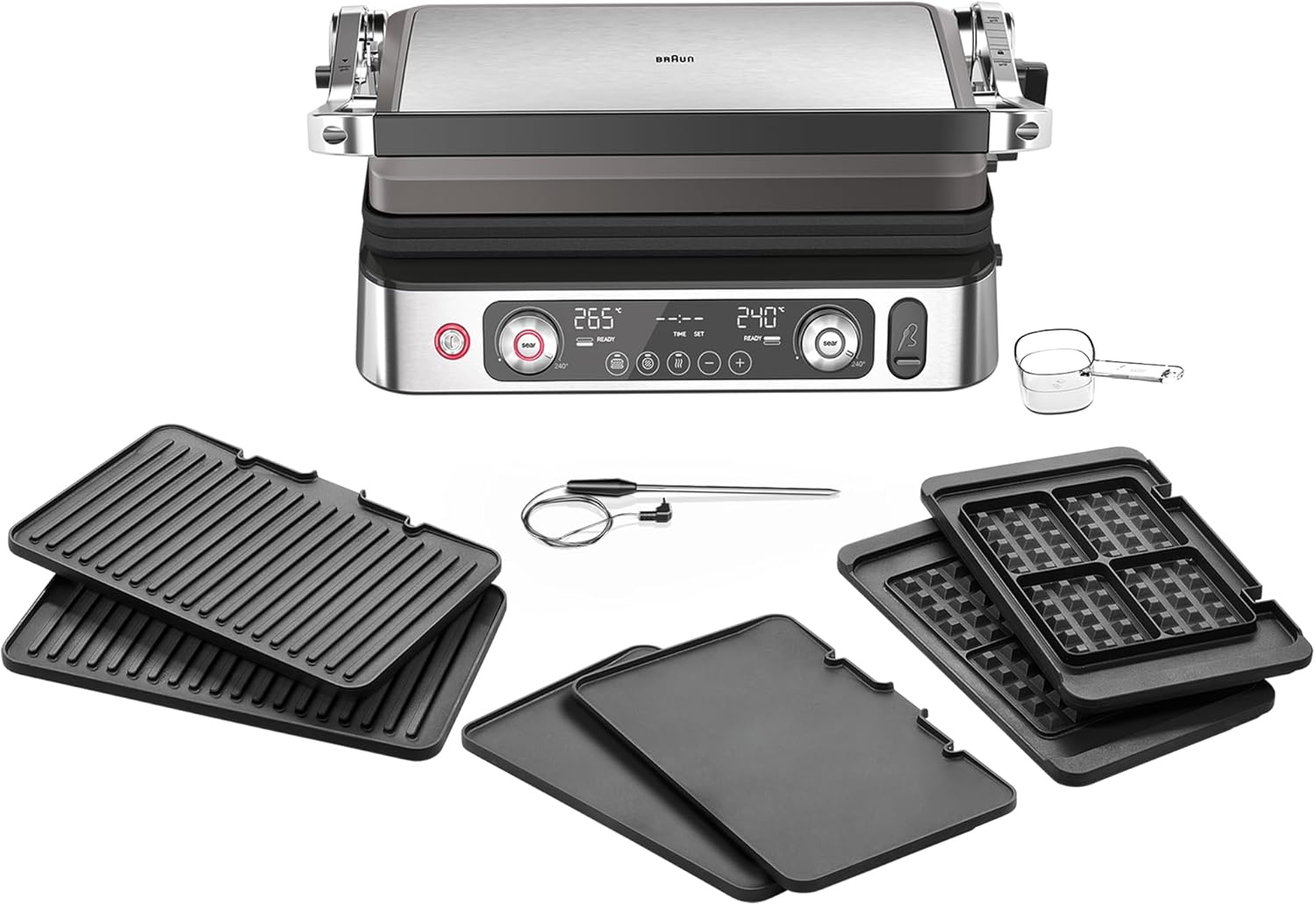 Braun MultiGrill 9 Pro CG 9167, contact grill with grill, flat, waffle plates and temperature sensor, grill positions: contact, BBQ, oven, dishwasher-safe plates, boost function up to 265°