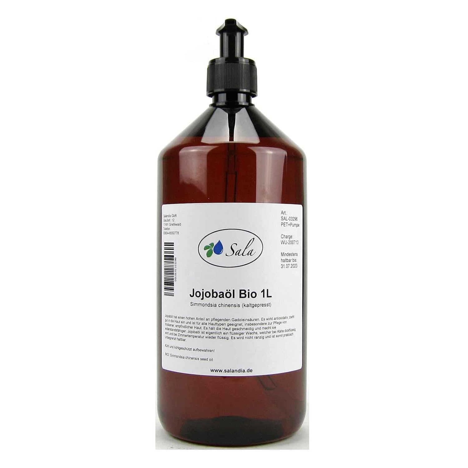 Sala Jojoba Oil Cold Pressed Organic 1 Litre 1000 ml PET Bottle with Pump