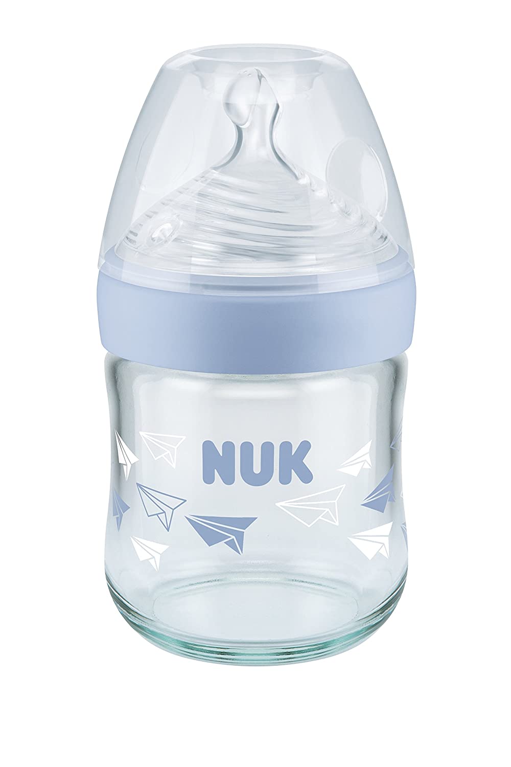NUK Nature Sense Glass Baby Bottle 0-6 Months Breast-like Silicone Teat, 120 ml, Blue