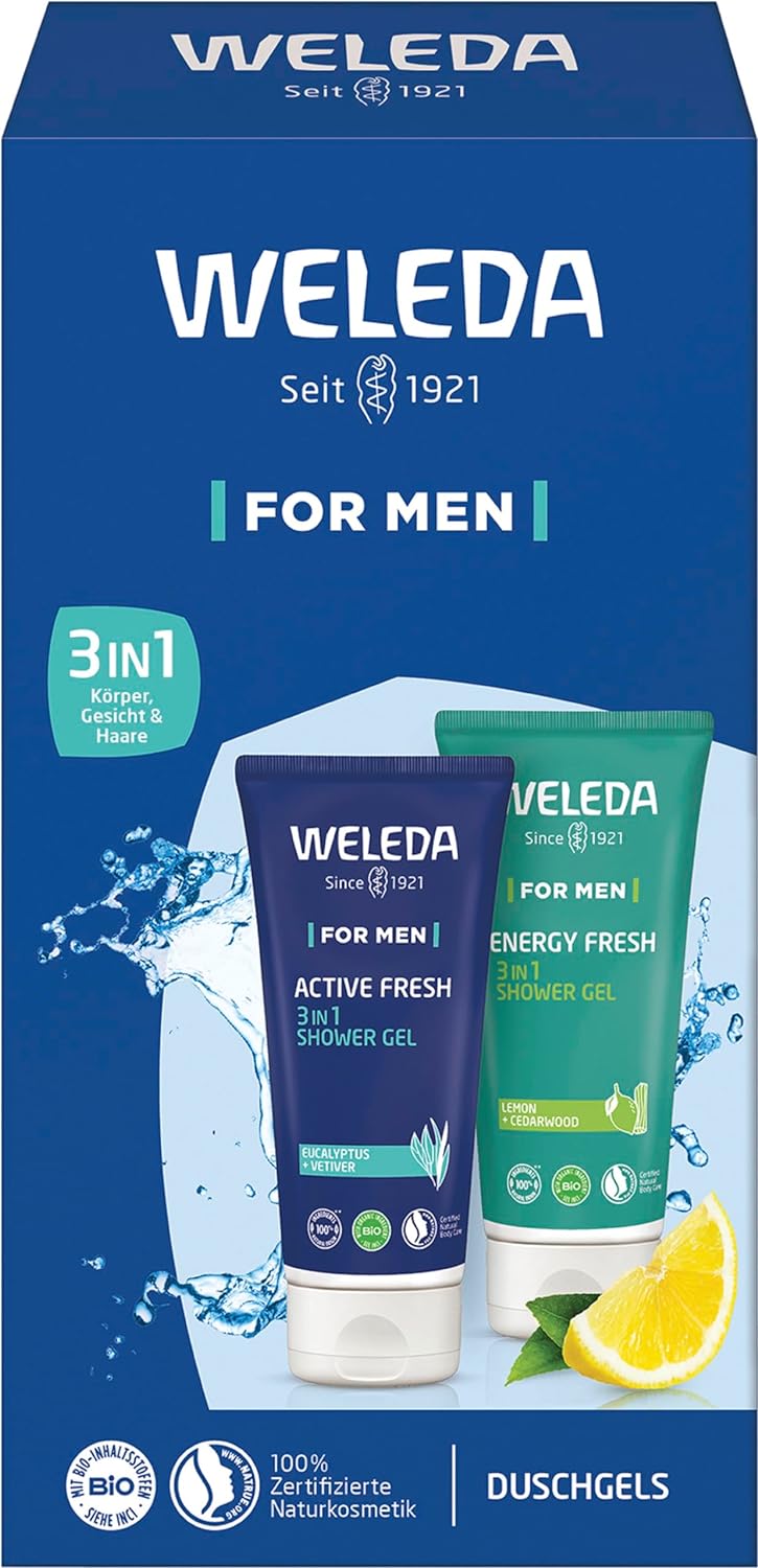 WELEDA Organic Gift Set Men Natural Cosmetics Gift Box Consisting of Active Fresh Shower Gel & Energy Fresh Shower Bath Optimal Gift Set for Men for Daily Cleaning of Body, Face & Hair