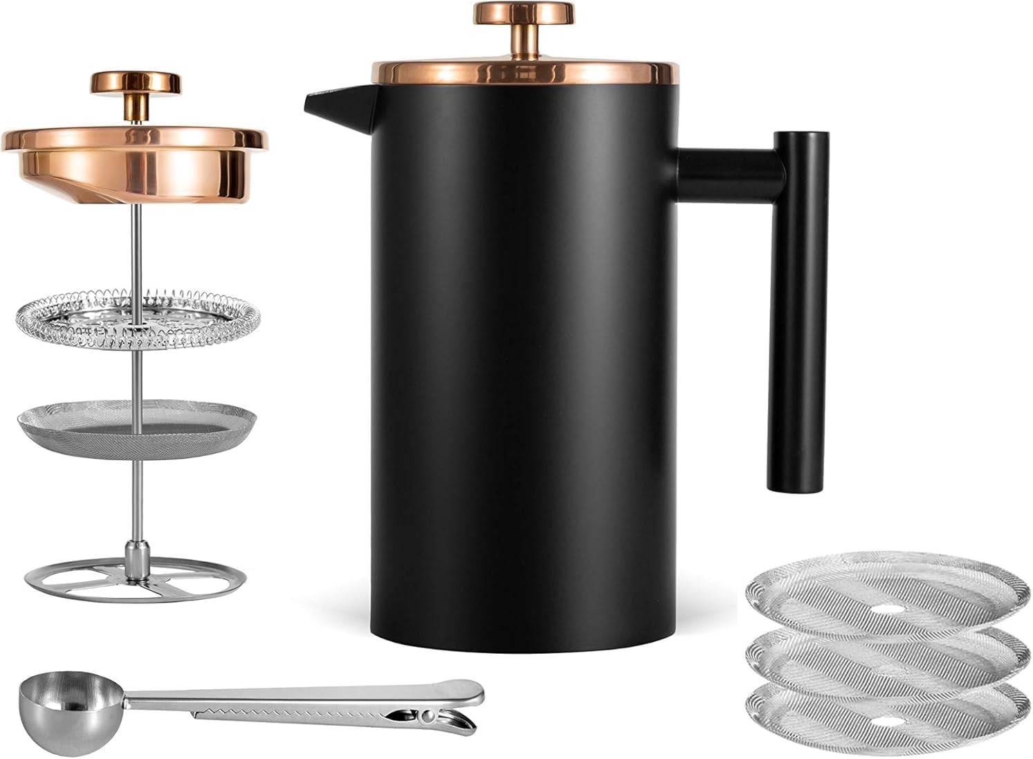 Wrobic French Press Coffee Maker 0.6 Liter Small Double Walled Stainless Steel French Coffee Press Including Replacement Filter 600 ml, 4 Cups, Black