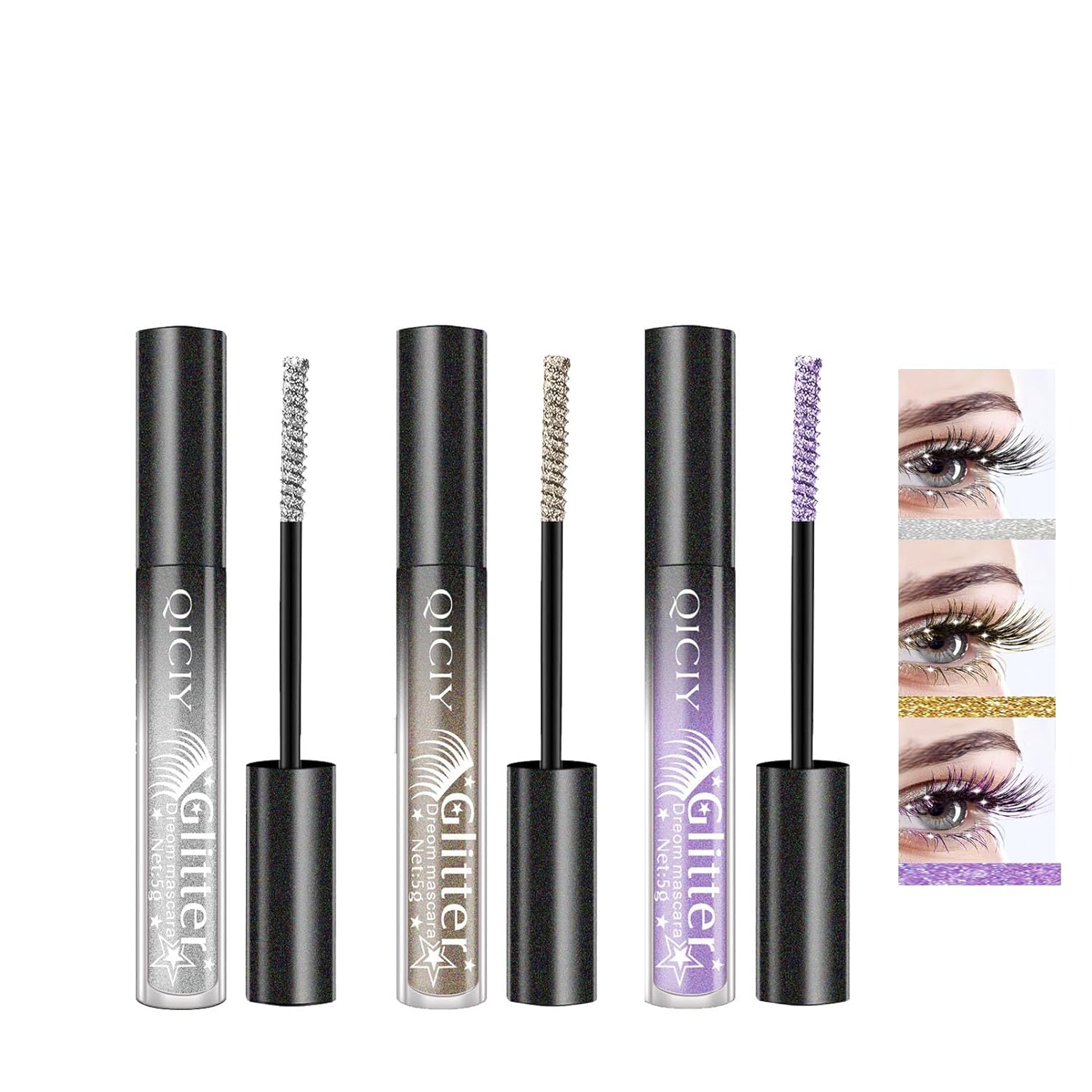 Glitter Mascara, 3 Colors Glitter Mascara, Purple Gold Silver Shimmer Glitter Mascara, Diamond Mascara for Lengthening & Volume, Waterproof, Sparkling Eye Makeup, for Party, Wedding