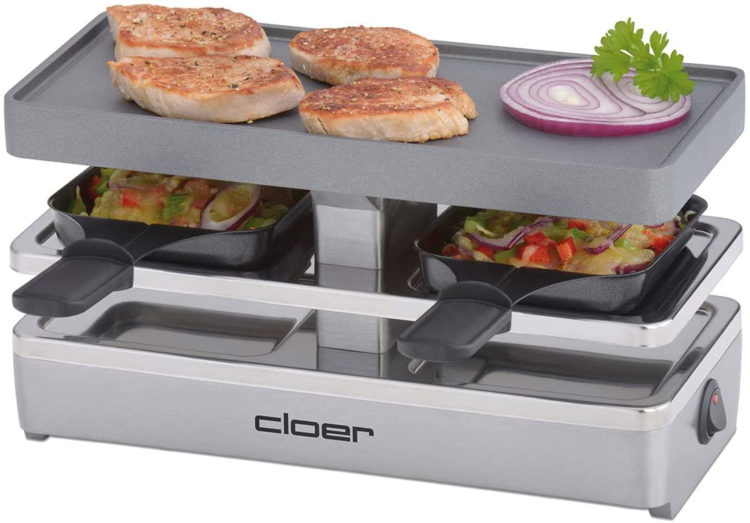 Cloer 6495 Mini Raclette Grill / 400 W / 2 Pans with Heat-Insulated Handles / Unheated \"Parking\" for Empty Pans