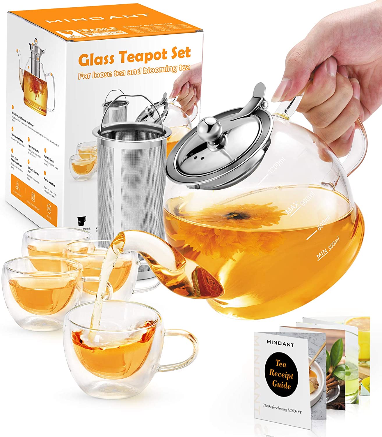 MINO ANT 1200 ml Teapot Glass Set, Teapot with Strainer Insert, Tea Service 4 Double-Walled Glasses, Borosilicate Glass Teapot, Glass Teapot with Strainer Insert, Tea Infuser for Loose Leaves Teapot Set