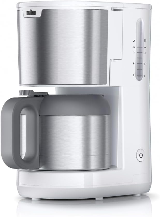 Braun PurShine KF1505 WH Filter Coffee Machine, 1.2 L Stainless Steel Thermal Jug for up to 9 Cups, OptiBrew System, Drip Stop Function, Swivel Filter Basket, Automatic Shut-Off, 1000 W, White