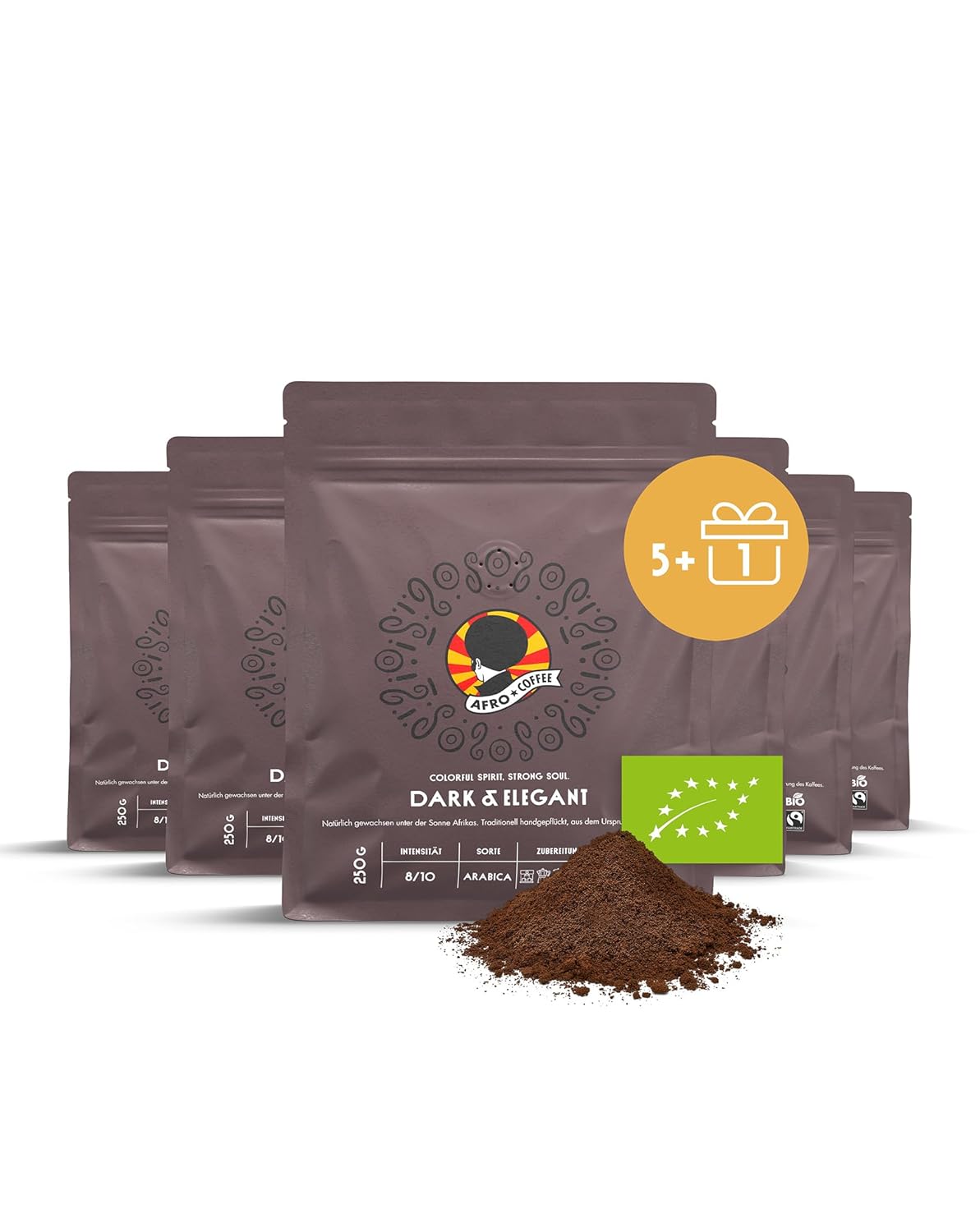 AFRO COFFEE Dark & ​​Elegant I 5+1 Offer 250 g Premium Organic Coffee Powder Fairtrade I 100% Arabica Coffee Ground from Ethiopia with Notes of Bitter Chocolate I Hand Picked, Dark Roasted, Low Acid