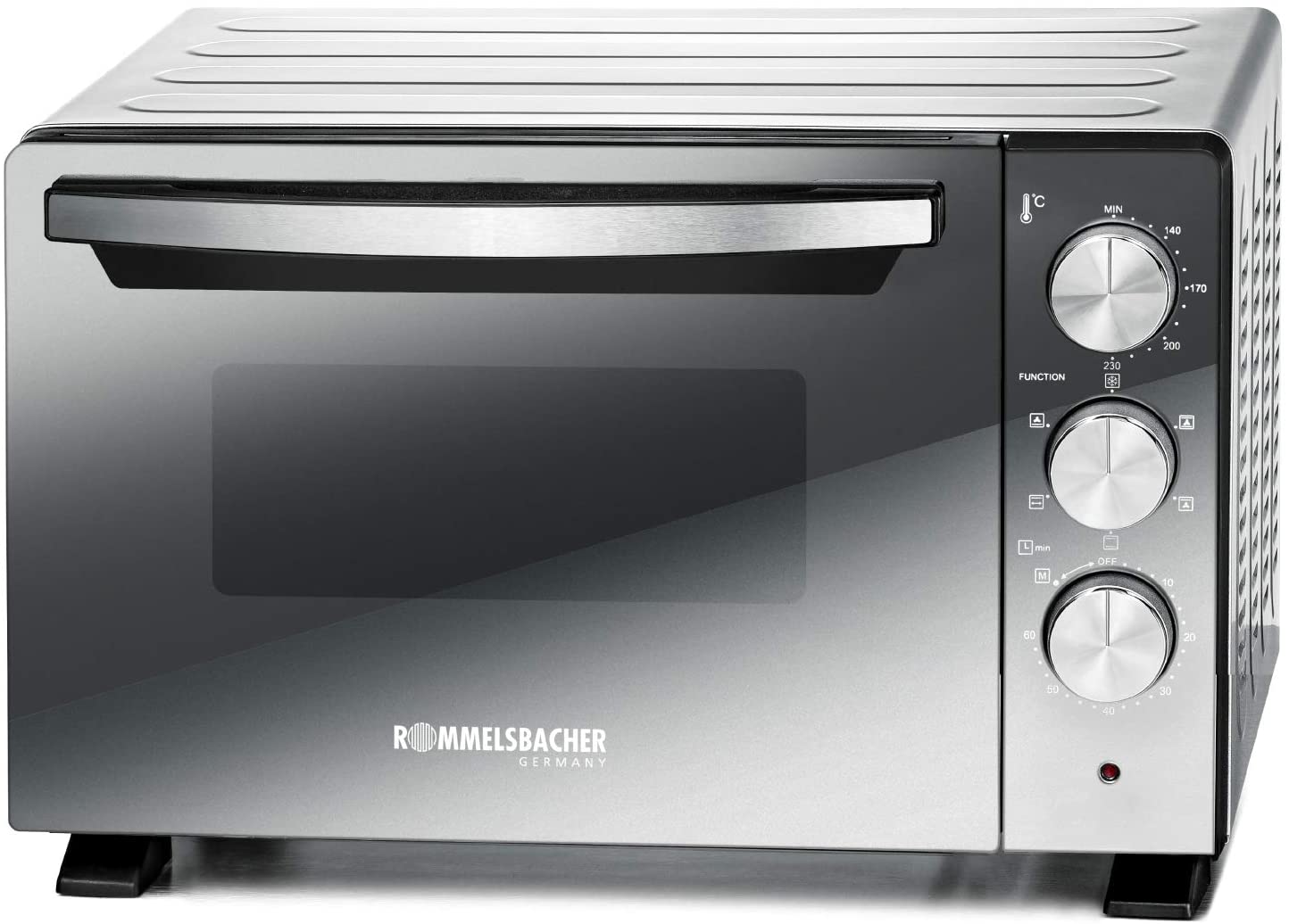 ROMMELSBACHER Back & Grill Oven BGS 1400 - Energy Saving & Efficient, 22 Litre Volume, Non-Stick Baking Chamber, 6 Heat Types, Rotisserie Spit, 60 Minute Timer, Double Glazing, Silver, 1380 W
