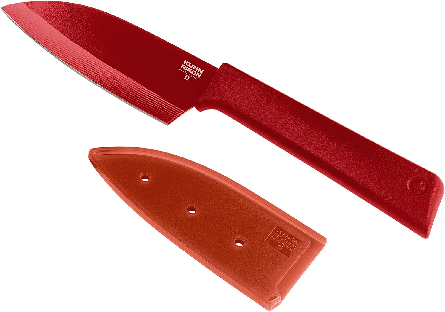 Kuhn Rikon Colori+ Non-Stick Small Santoku Knife with Safety Sheath, 22 cm, Red