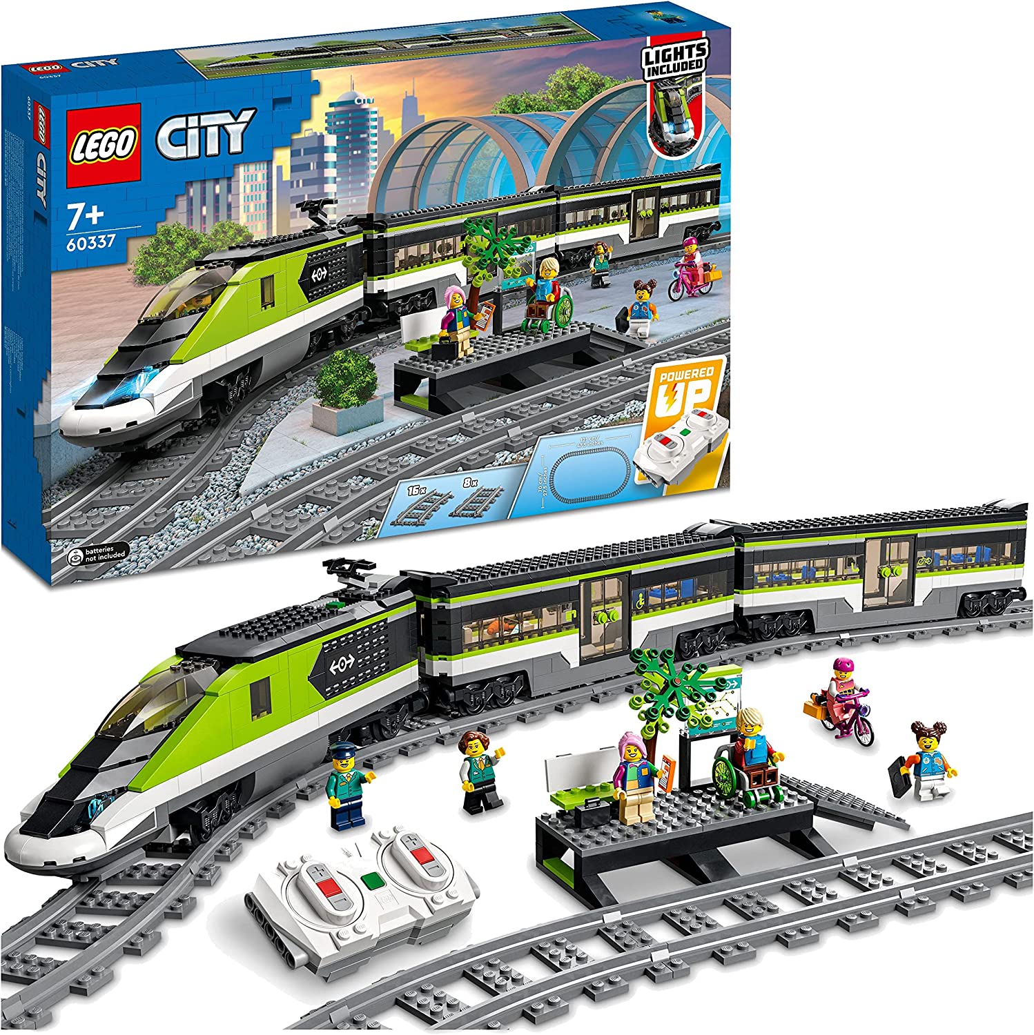LEGO 60337 City Passenger Quick Train Set with Remote Control Train with Headlights, 2 Cars and 24 Rail Elements, Railway Toy