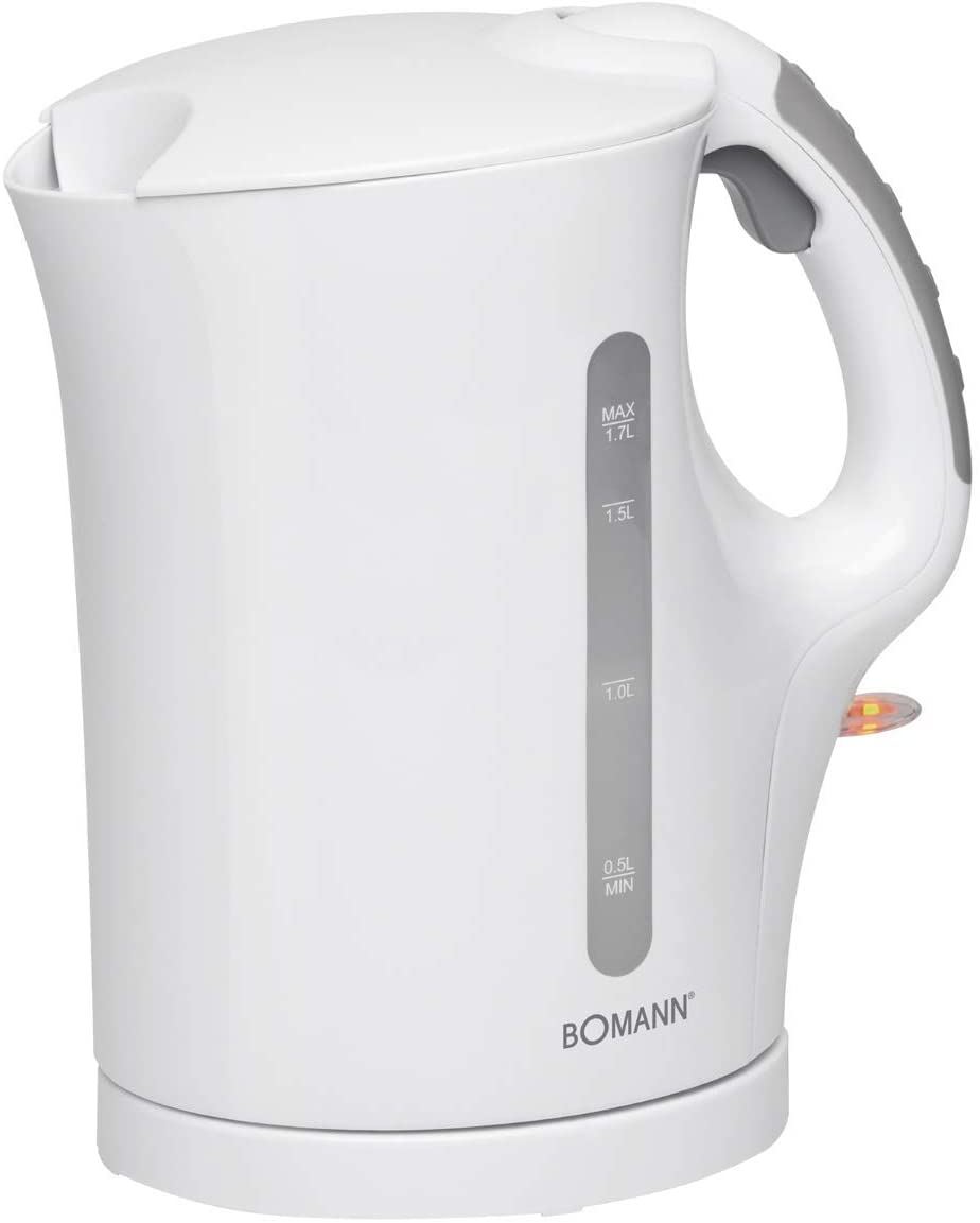 Bomann WK 5011 CB Kettle, Capacity up to 1.7 Litres, 2 External Water Level Indicators, 2200 Watt Max., Limescale Filter, Stainless Steel Heating Element, White