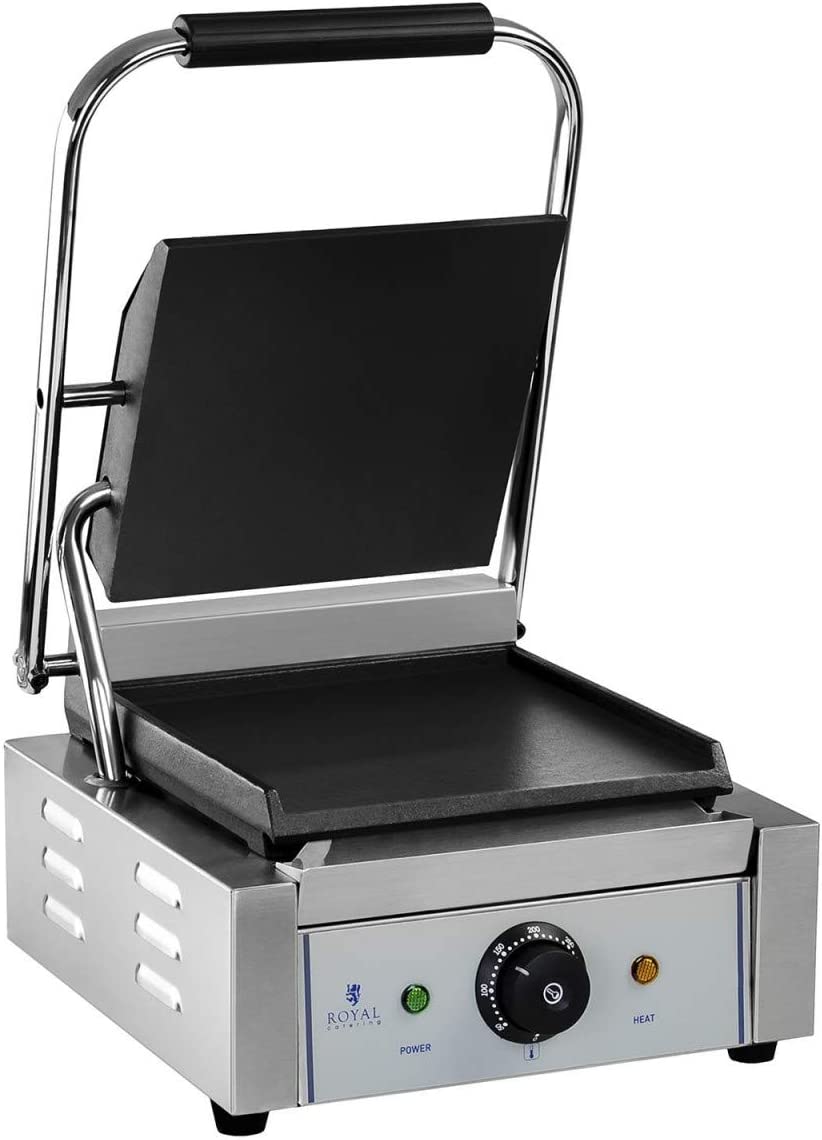Royal Catering RCKG-1800-F Contact Grill Electric Grill Sandwich Maker Panini Grill (Smooth, 1,800 W, 300 °C, Enamelled Cast Iron, Stainless Steel, 23.5 x 22.5 cm)