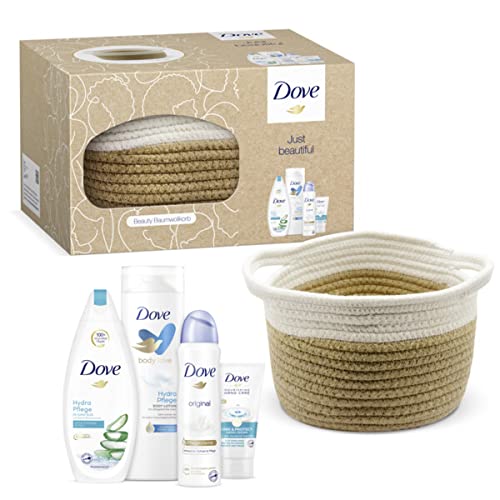 Dove Just Beautiful Gift Set Women\'s Care Set with Shower Gel with Aloe (250 ml), Body Lotion Hydro Care (400 ml), Deodorant Spray (150 ml), Hand Cream Care & Protect (75 ml) in Cotton Basket