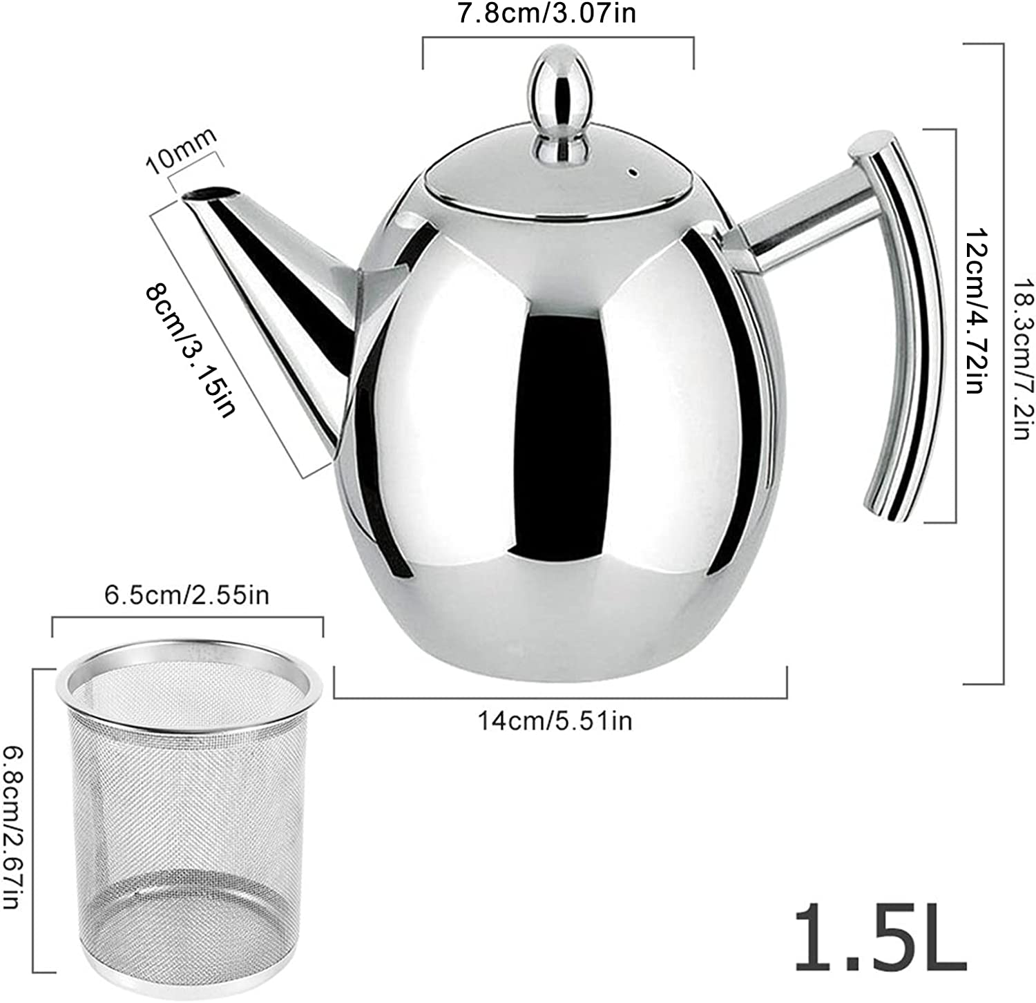 1.5 l Stainless Steel Teapot, Teapot with Strainer Insert, Double-Walled Teapot, Dishwasher Safe, Handmade Tea Pot
