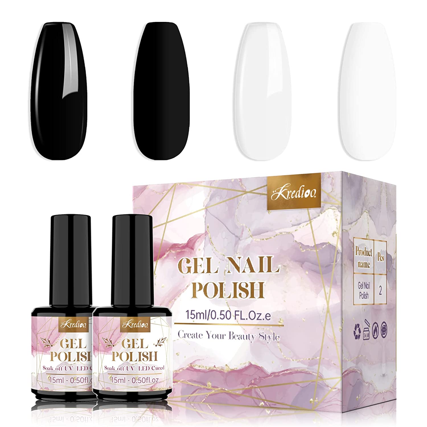 Kredioo UV Nail Polish Set 2 Pieces Gel Nail Polish White and Black Shellac Nail Polish Colours Long-Lasting Gel Nails Set for Nail Studio Design DIY Home 15 ml, ‎black