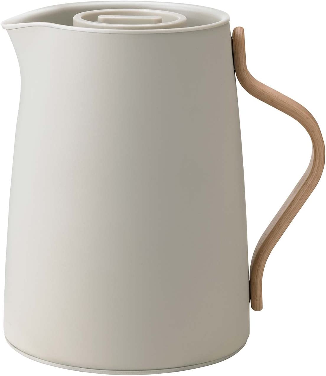 Stelton Emma Tea Insulated Jug - Insulated Plastic Teapot with Lid & Stainless Steel Thermal Insert - Modern Design, Clever, Integrated Infusion Filter & Beech Wood Handle - 1 Litre, Soft Sand