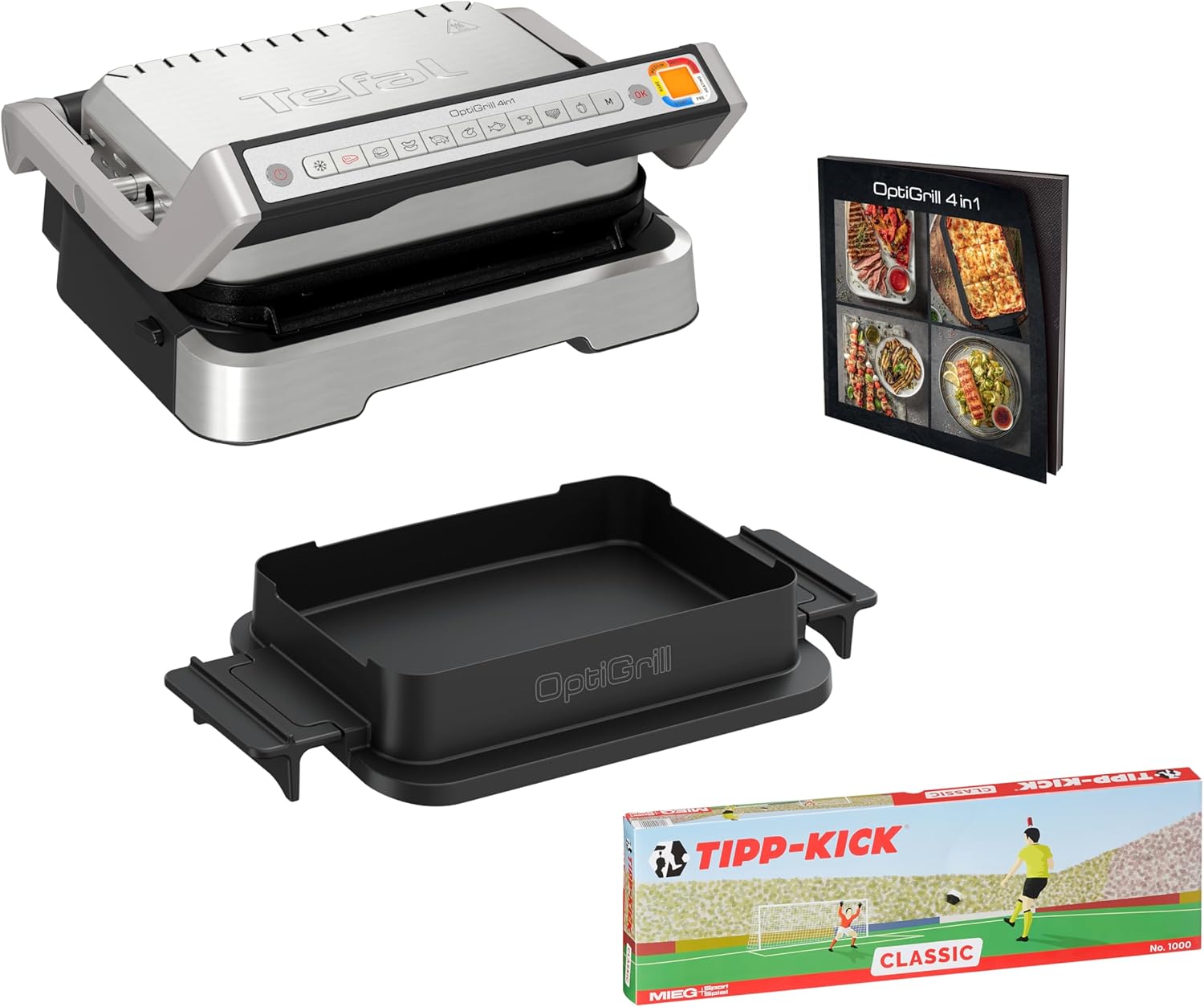 Tefal OptiGrill GC774D.TK 4-in-1 Tipp-Kick Edition Contact Grill, BBQ, Oven, Complete Meal, 9 Automatic Programs, Includes Baking Tray and Tip-Kick Game, Silver