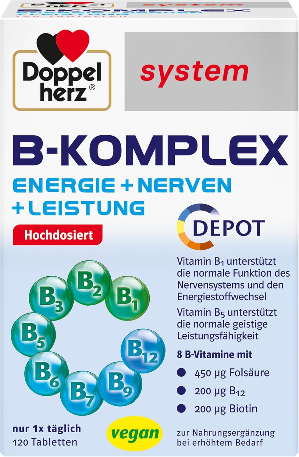 Doppelherz System B-Complex - Energy + Nerves + Performance - B Vitamins Support the Normal Function of the Nervous System and Normal Energy Metabolism - 120 Tablets