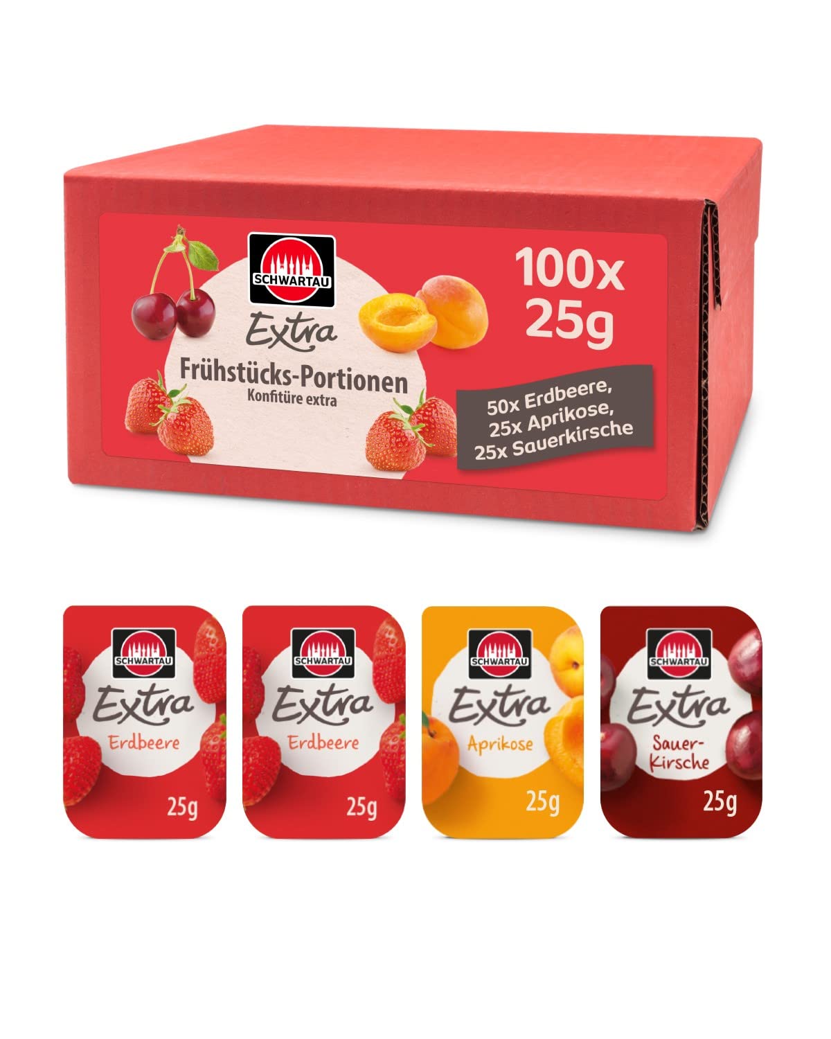 Extra Portion Mix Box, Jam Portion Bowls (50 x Strawberry, 25 x Apricot, 25 x Sour Cherry), Bulk Pack, 100 x 25 g