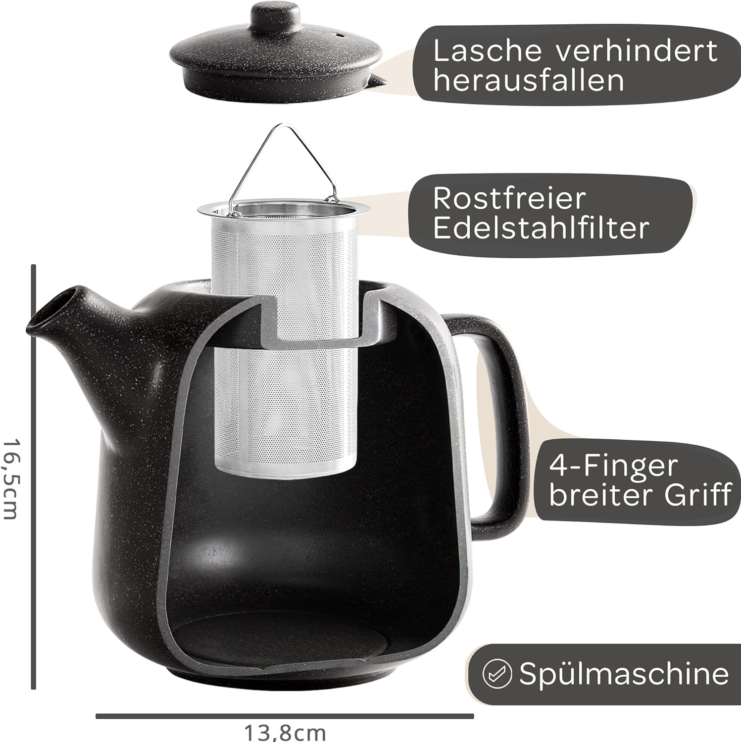 Steinzeit Designer Teapot (1.3 L) - Teapot with Strainer Insert Made of 304 Stainless Steel - Ceramic Teapot with Unique Glaze - Removable Teapot with Strainer - Teapot Black