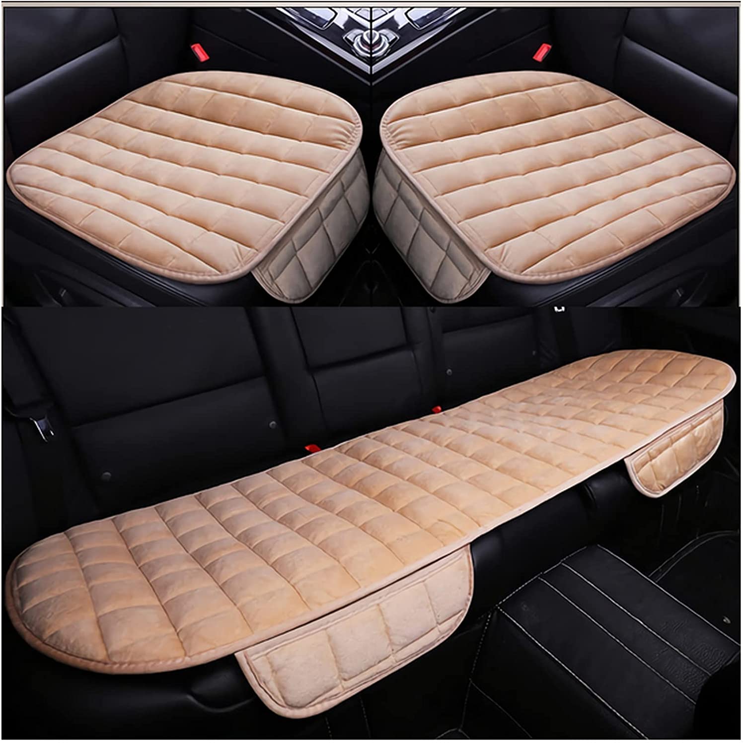 bamutech Seat Cushion Car Seat Cover Fit Truck SUV Van Front Rear Flake Cloth Cushion Non-Slip Winter Car Protector Mat Pad Keep Warm Universal Seat Cushion Chair (Size: Beige 3pcs)