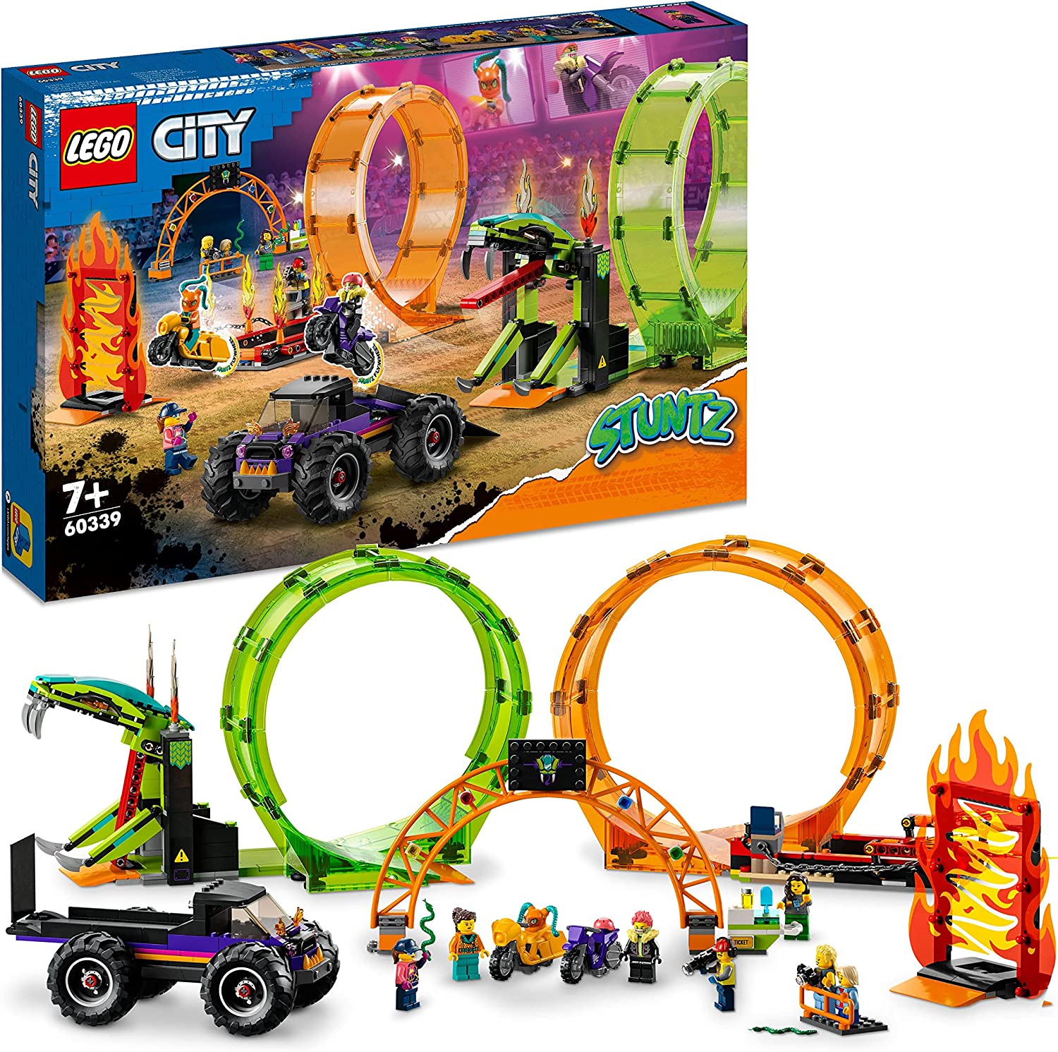 LEGO 60339 City Stuntz Stuntshow Double Looping Set Including Ramp, Monster Truck, 2 x Motorcycle and 7 Mini Figures, Toy for Children from 7 Years