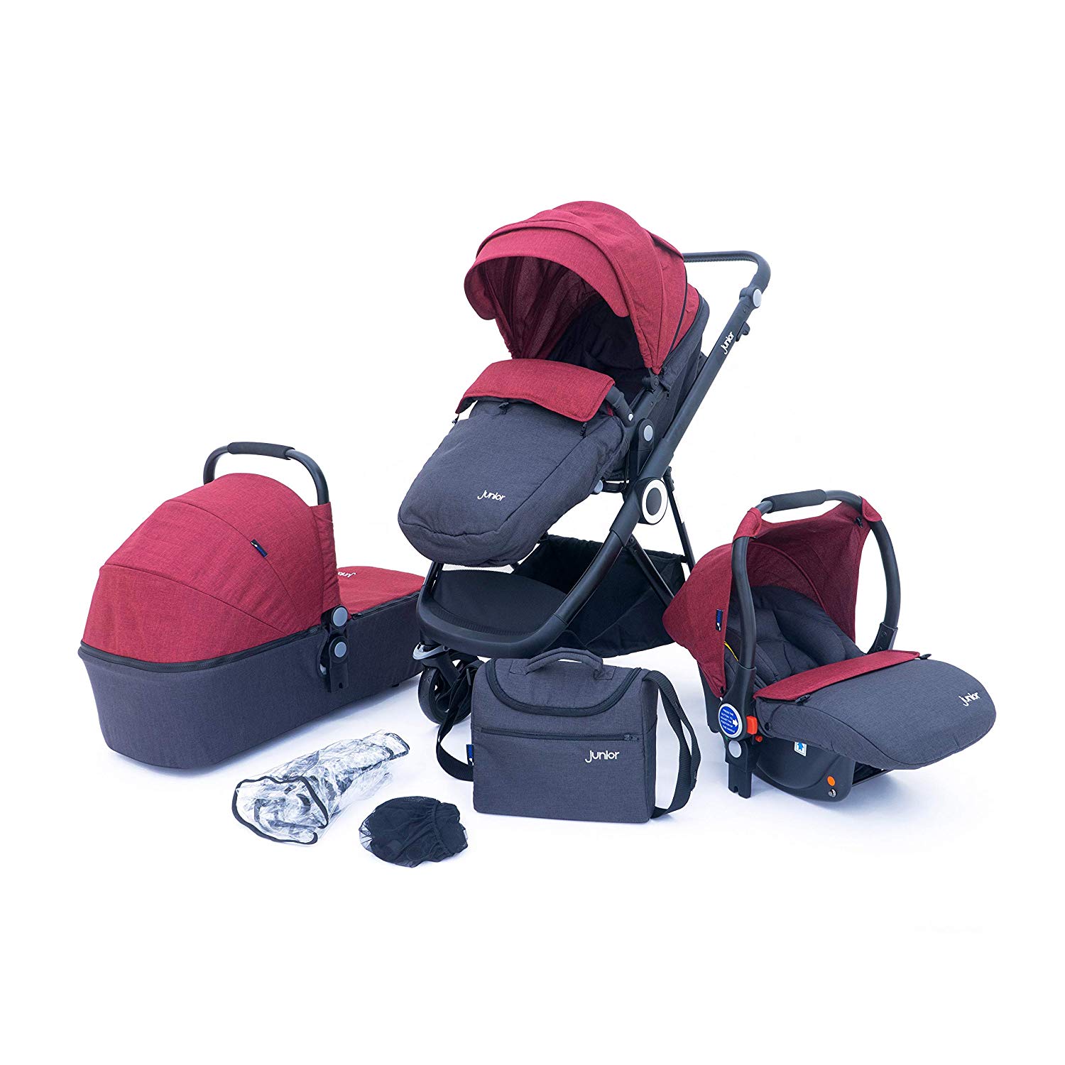 PETEX Multi-Traveller 3-in-1 Combination Pushchair Complete Set 10 Pieces with 3 Attachments Colour Red
